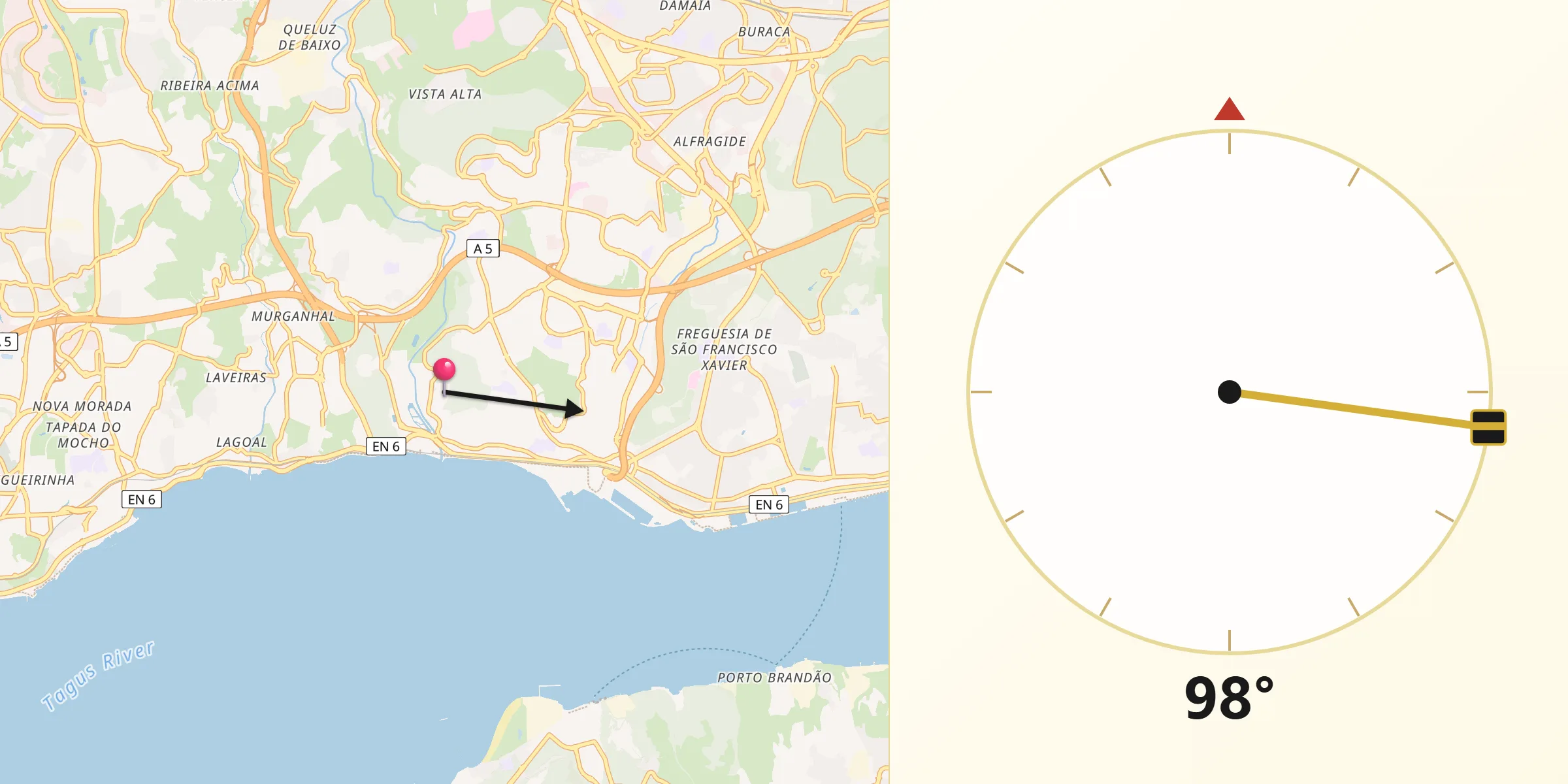 Direção da Qibla a partir de Cruz Quebrada - Dafundo