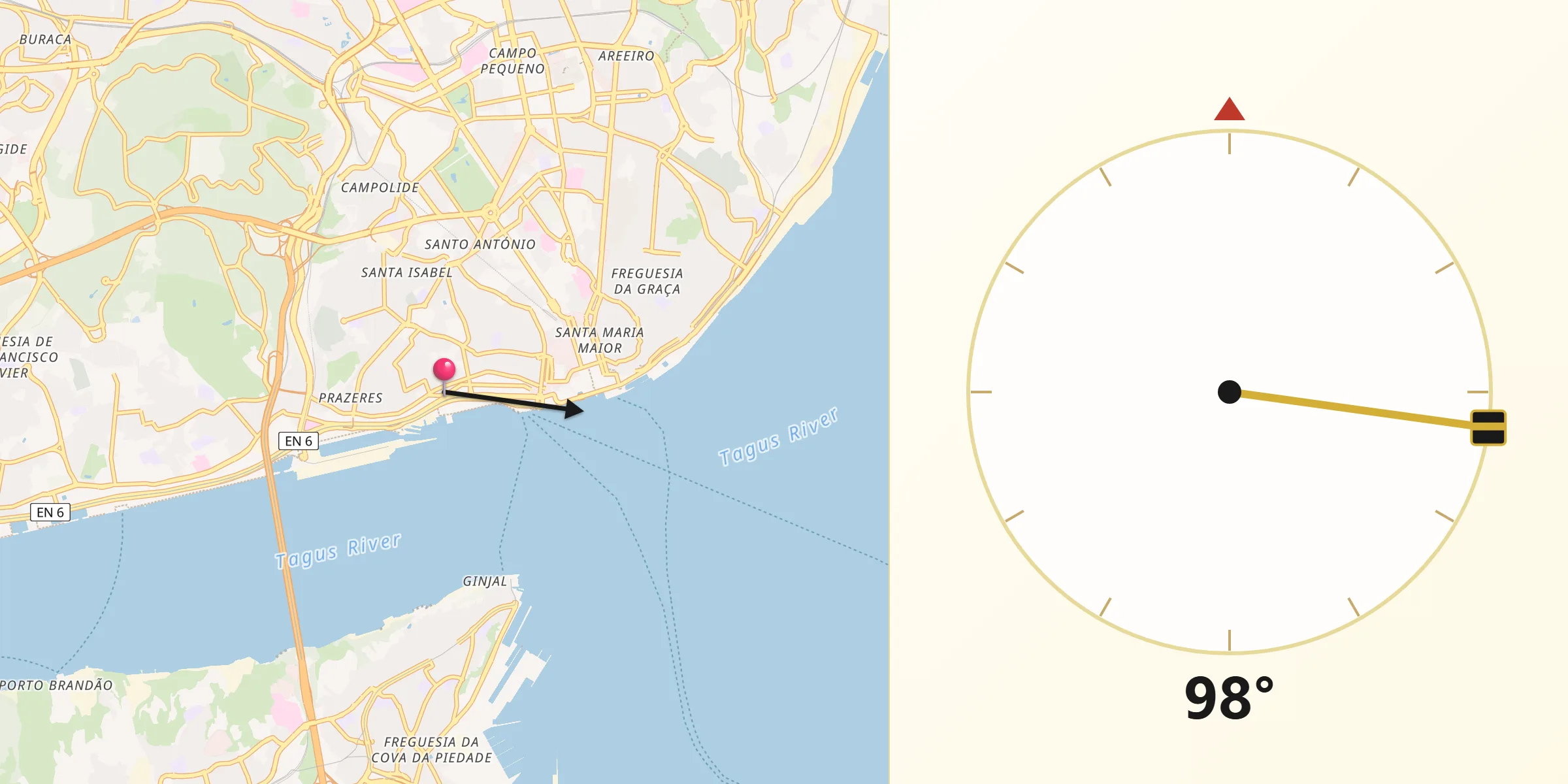 Direção da Qibla a partir de Santos-o-Velho