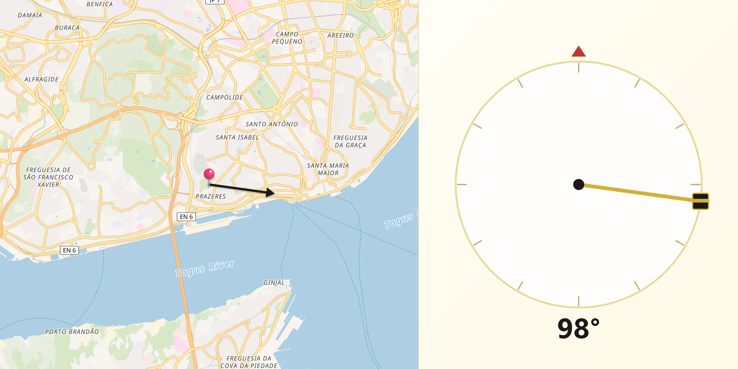 Direção da Qibla a partir de Prazeres