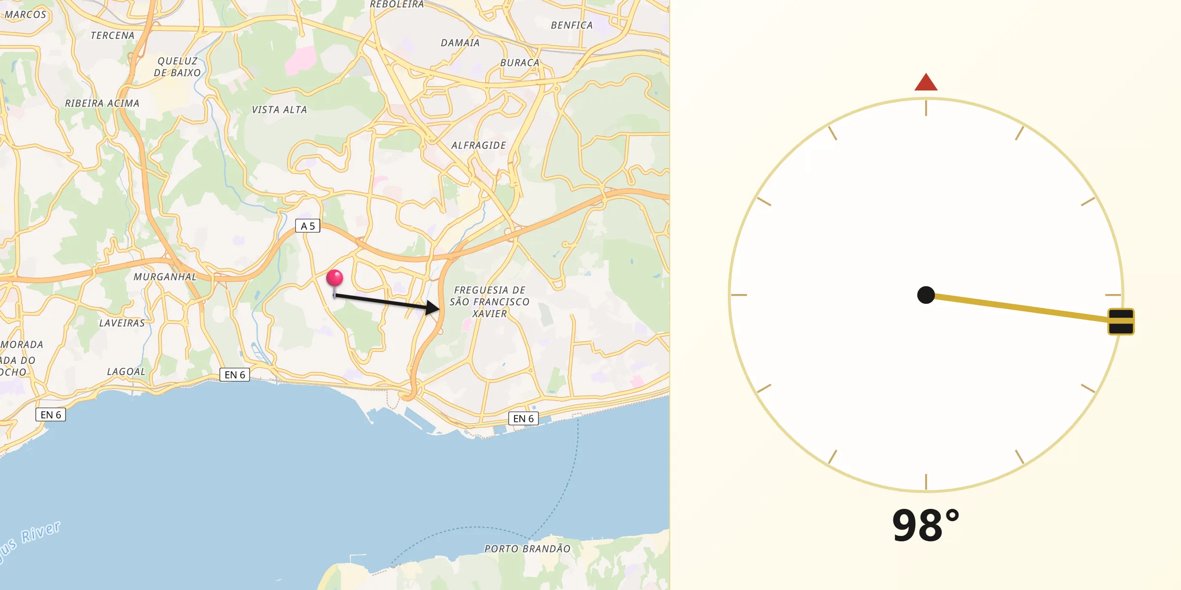 Direção da Qibla a partir de Linda-a-Velha