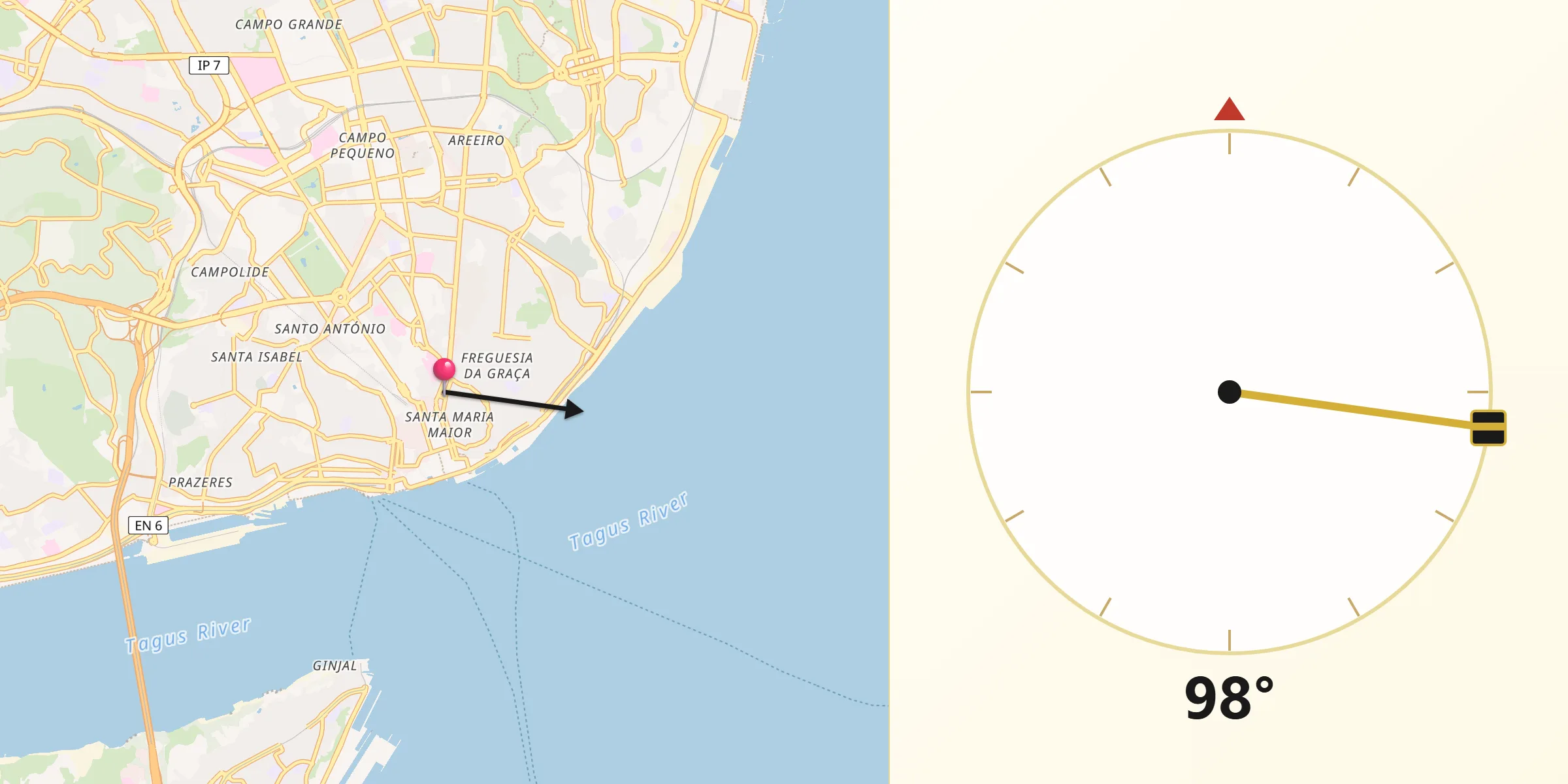 Direção da Qibla a partir de Santa Justa