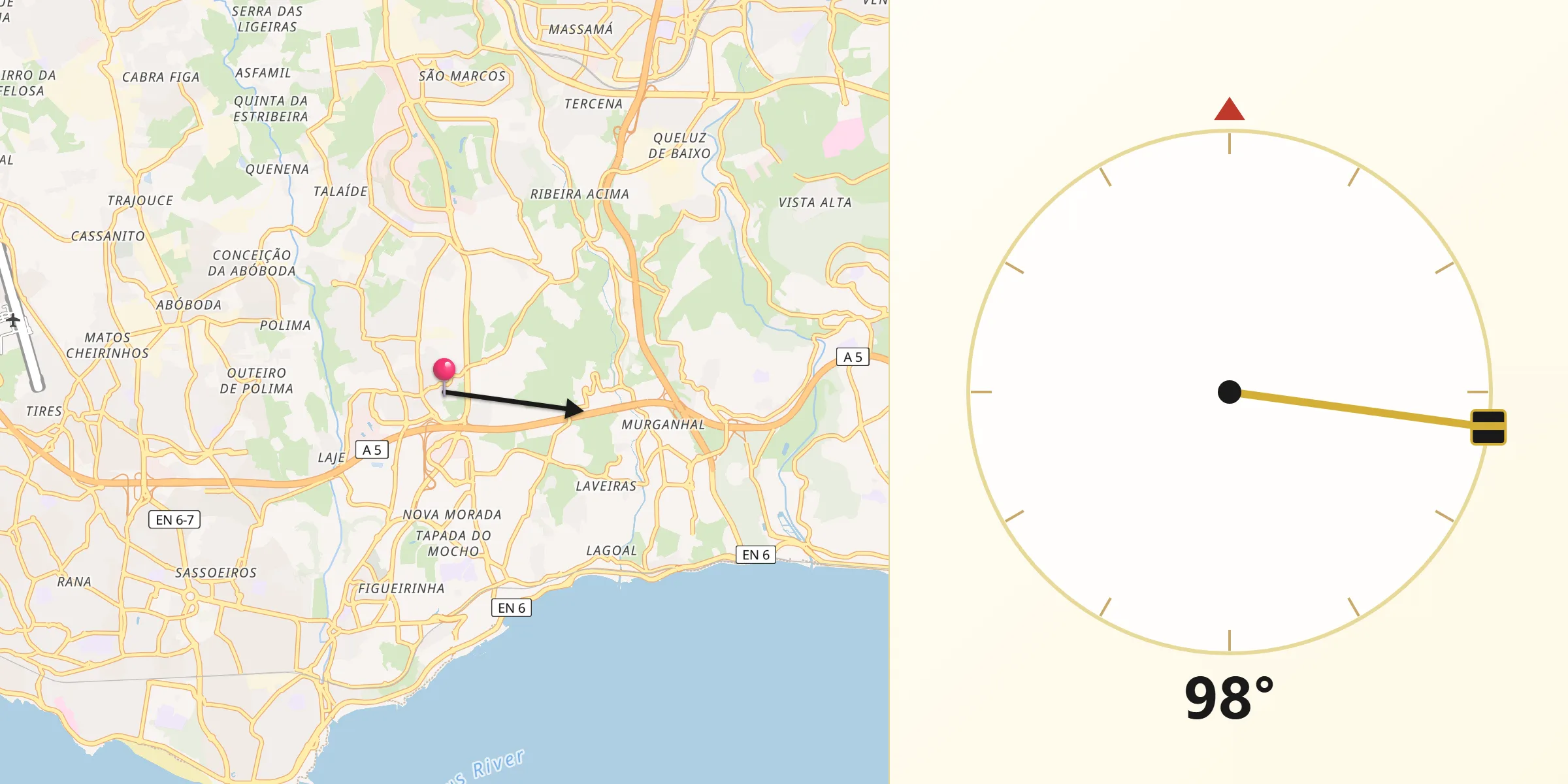 Direção da Qibla a partir de Porto Salvo