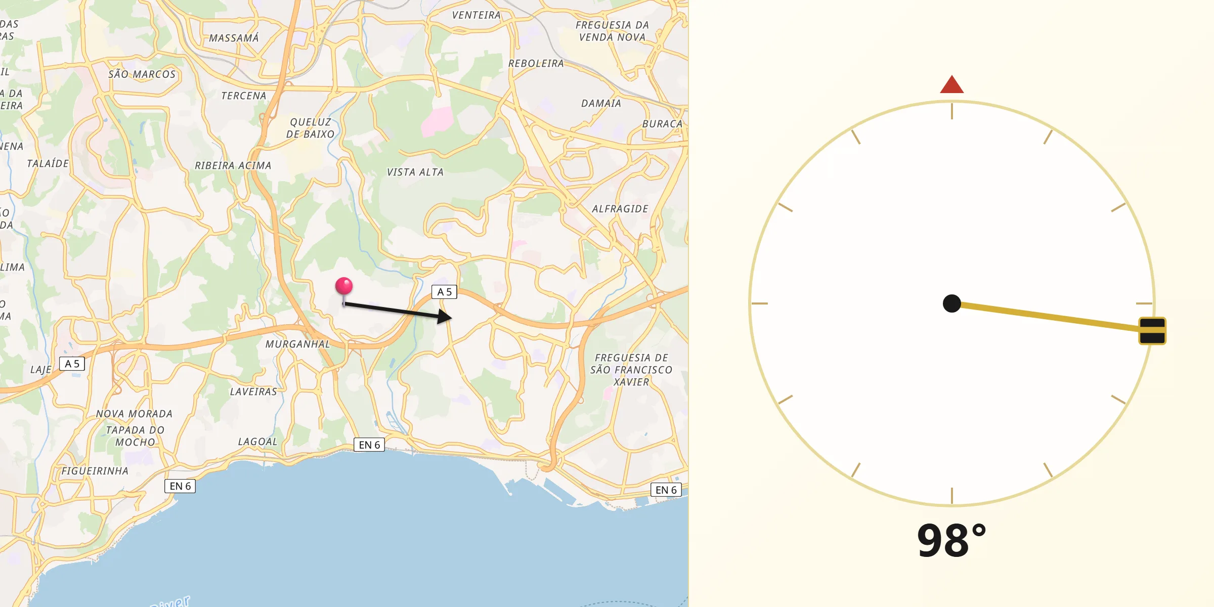Direção da Qibla a partir de Queijas