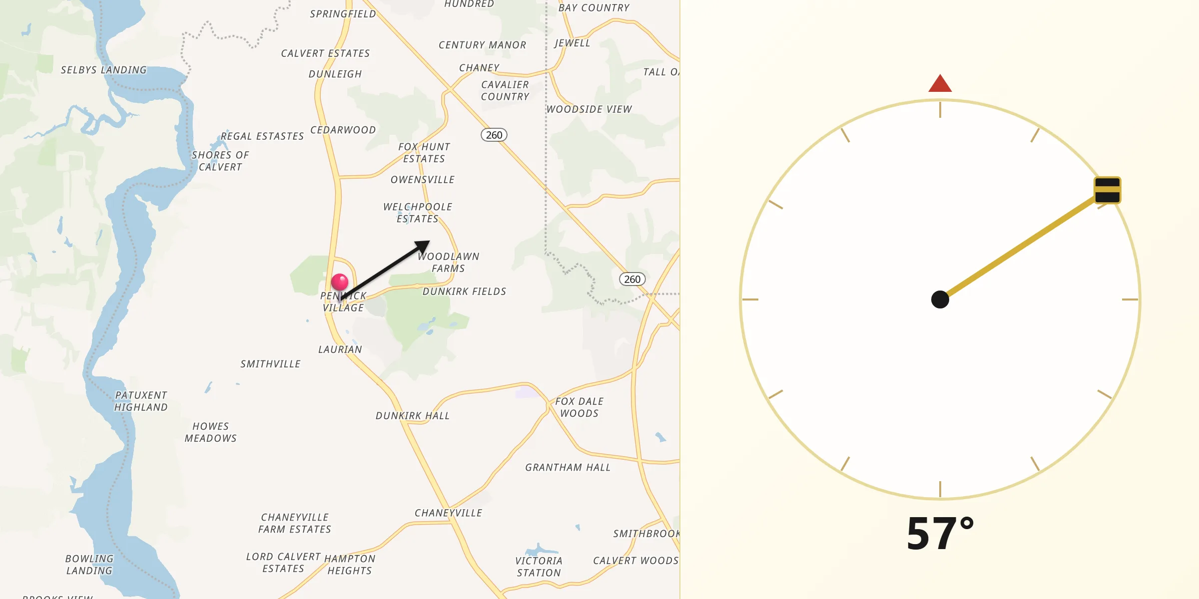 Qibla Direction from Dunkirk Town Center