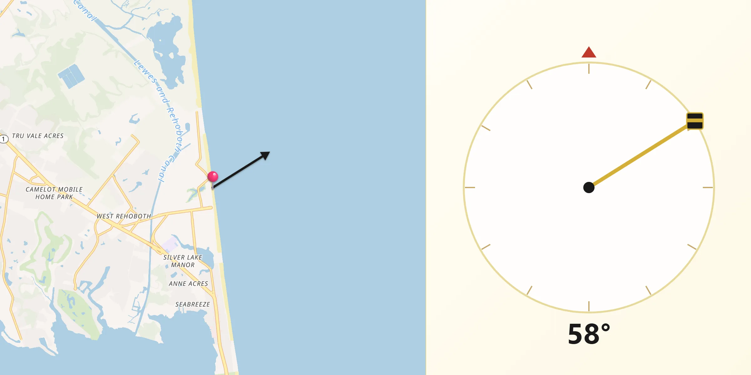 Qibla Direction from Rehoboth Beach