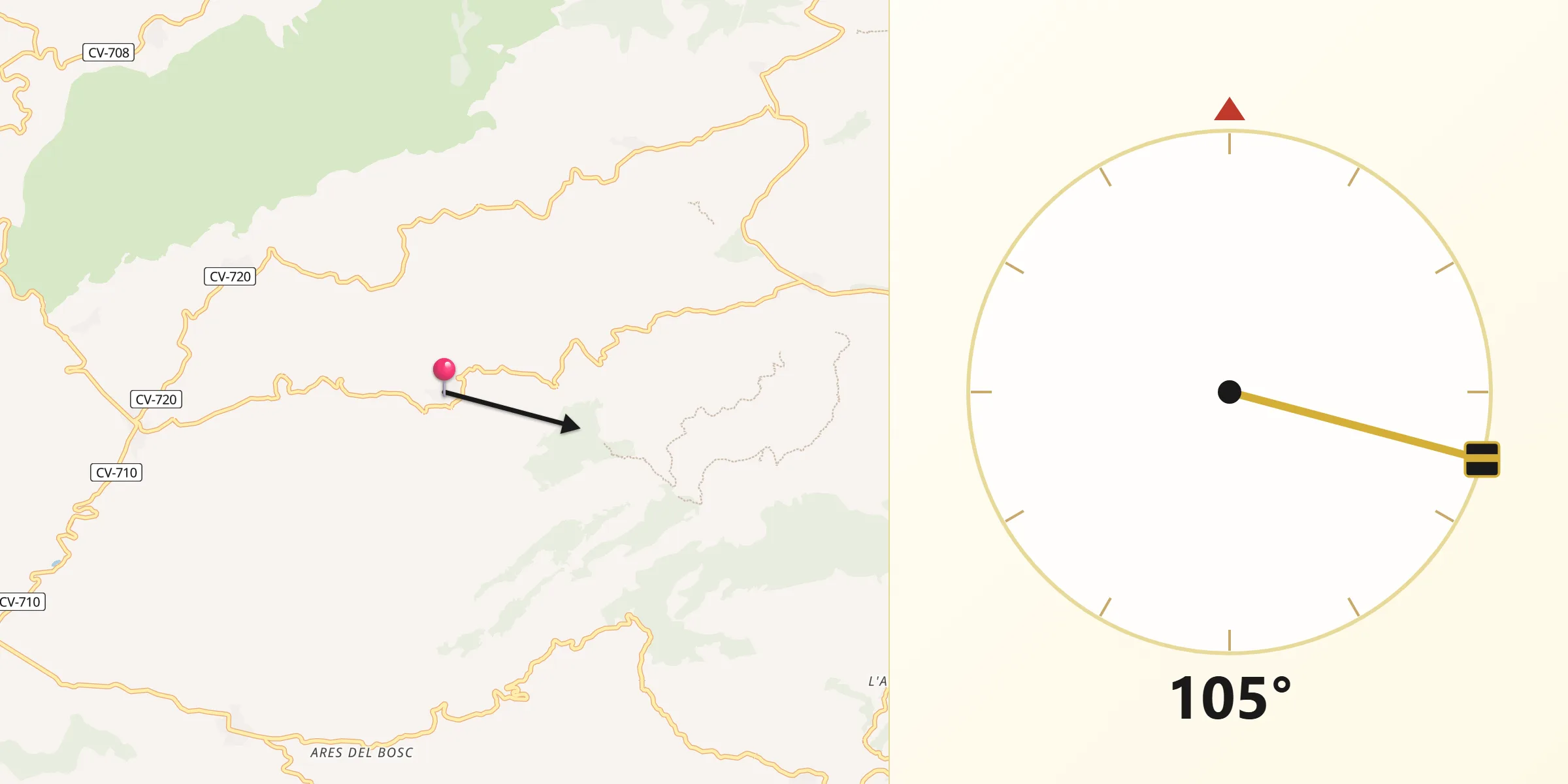 Dirección de la Qibla desde Quatretondeta