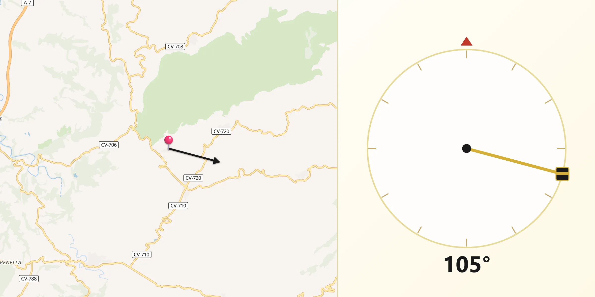 Dirección de la Qibla desde Millena