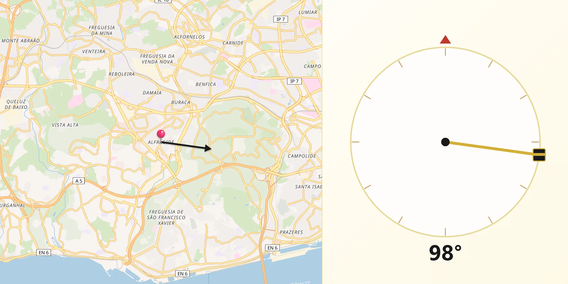 Direção da Qibla a partir de Alfragide