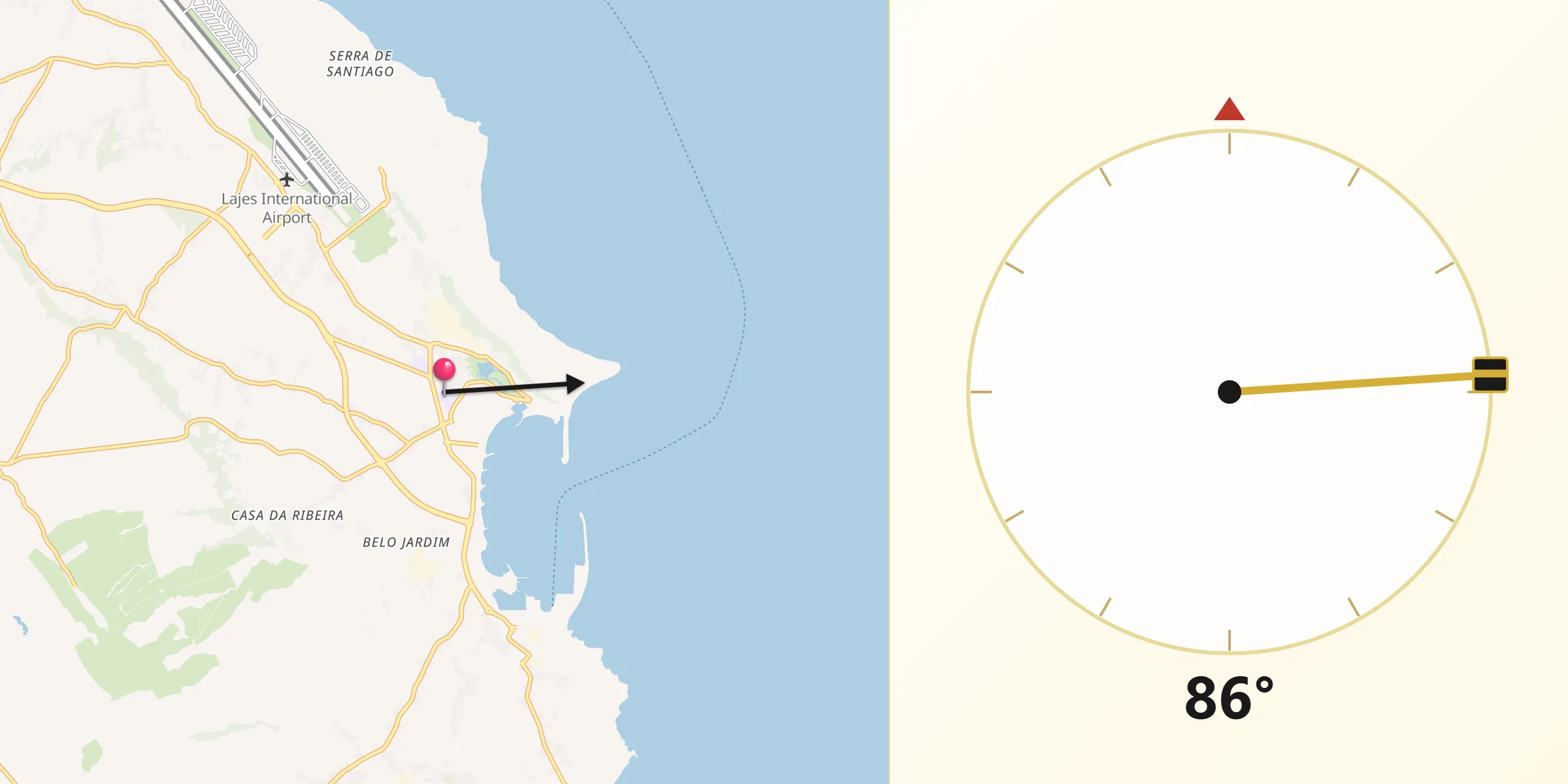 Direção da Qibla a partir de Praia da Vitória