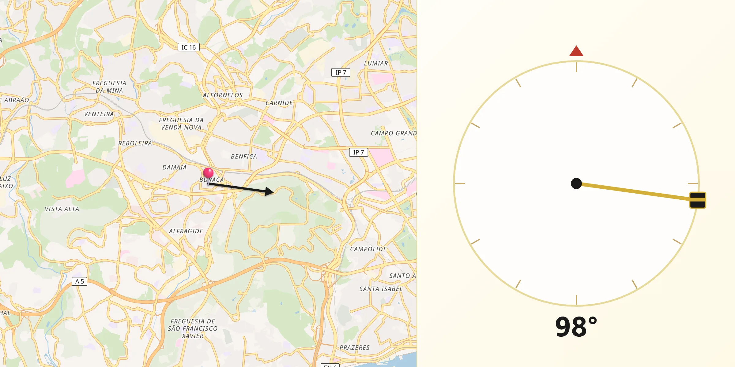 Direção da Qibla a partir de Buraca