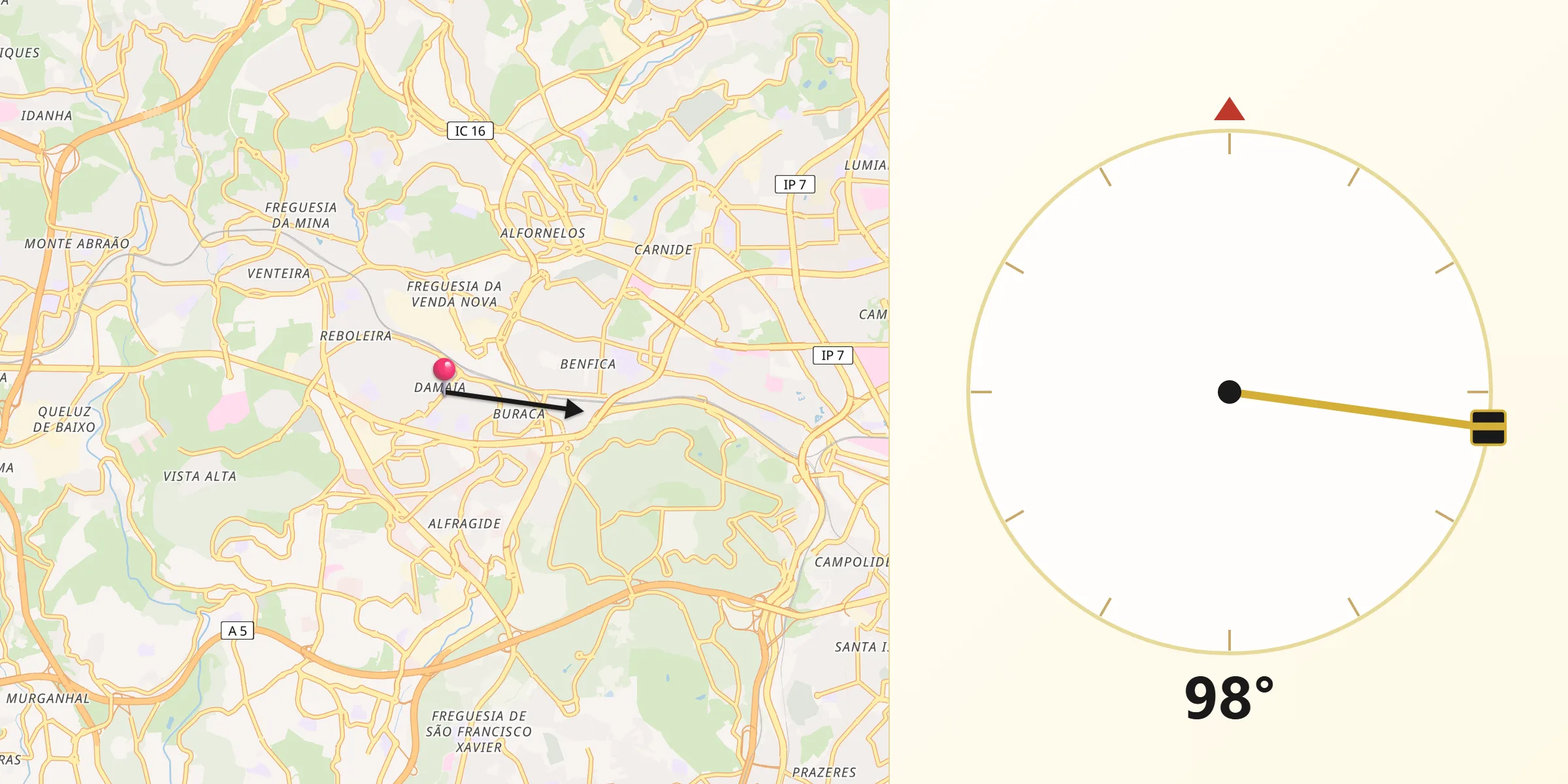 Direção da Qibla a partir de Damaia