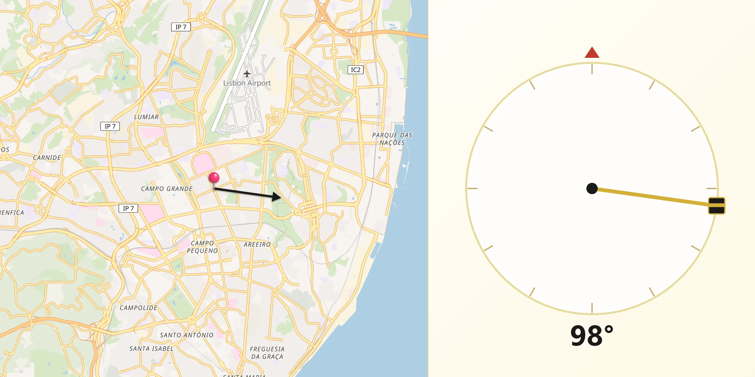 Direção da Qibla a partir de Alvalade