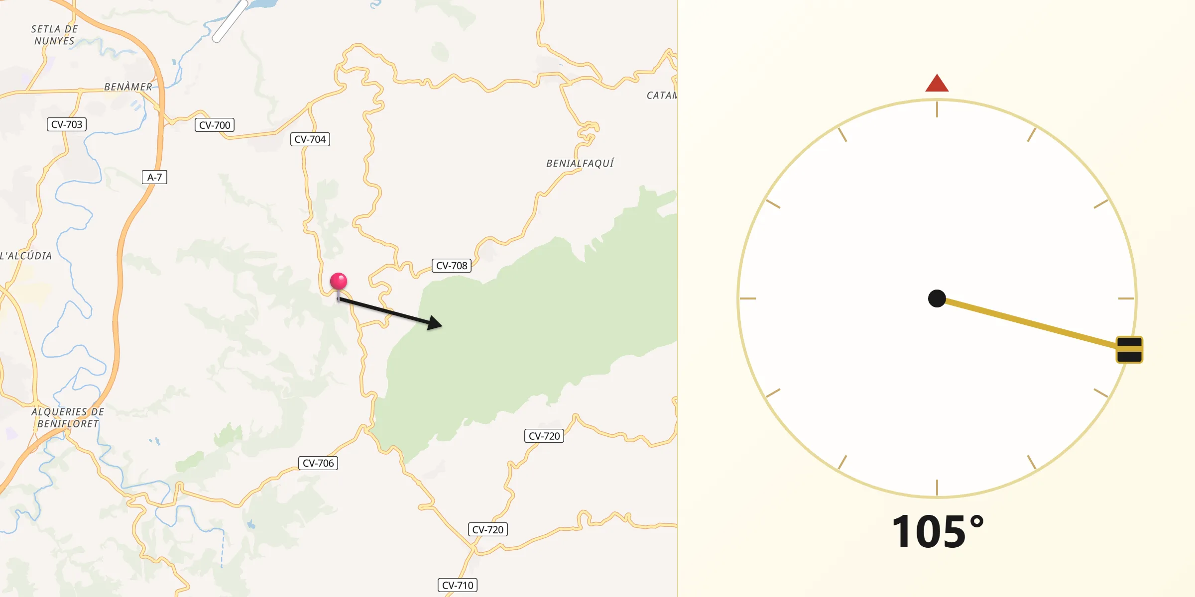 Dirección de la Qibla desde Benillup