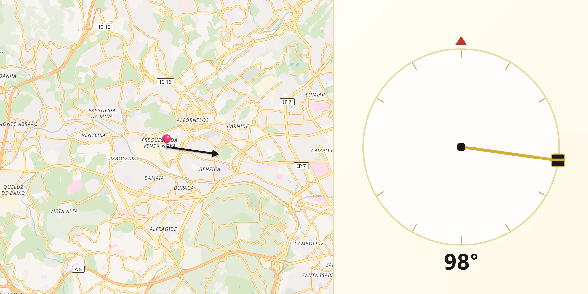 Direção da Qibla a partir de Venda Nova