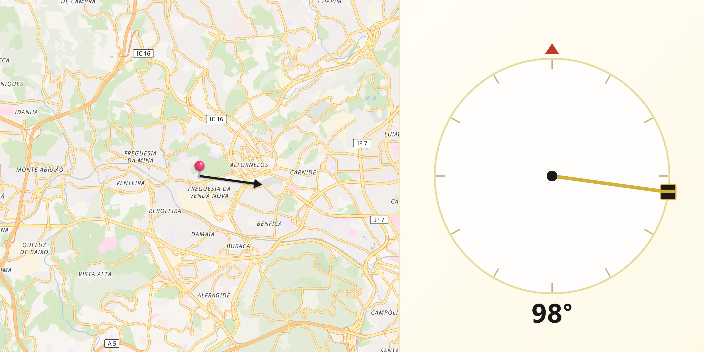 Direção da Qibla a partir de Falagueira