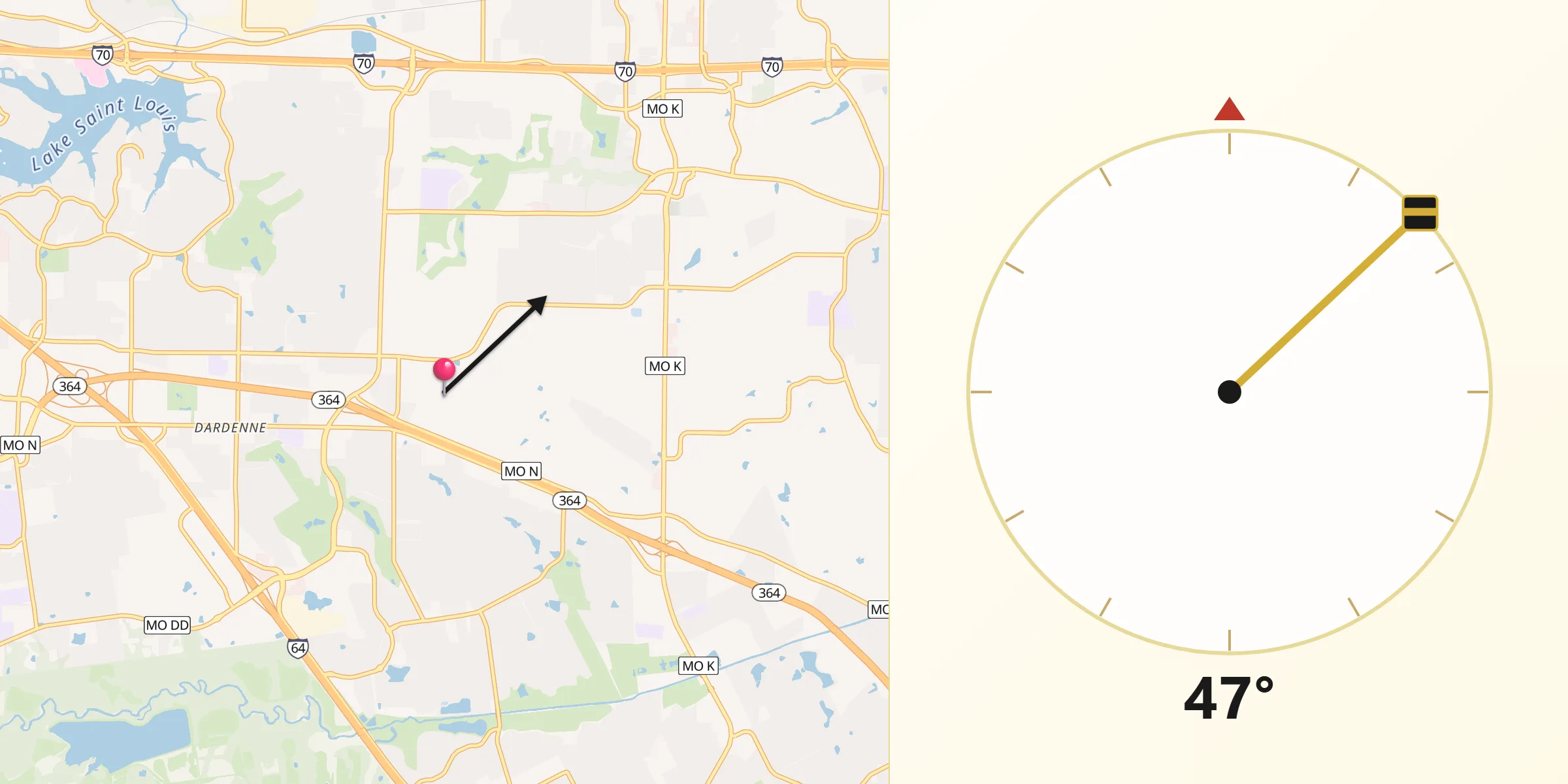 Qibla Direction from Dardenne Prairie