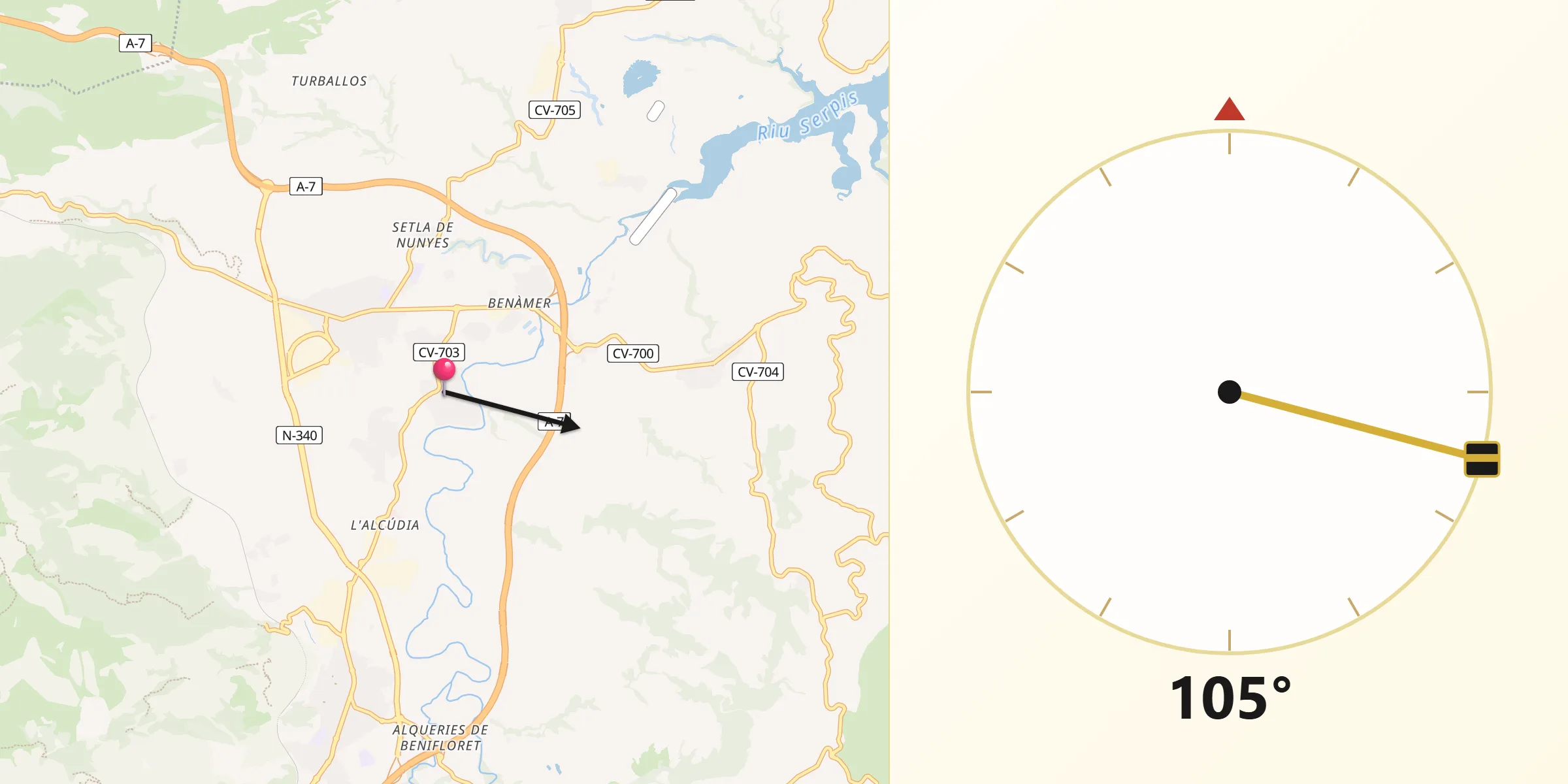 Dirección de la Qibla desde Alqueria d'Asnar l