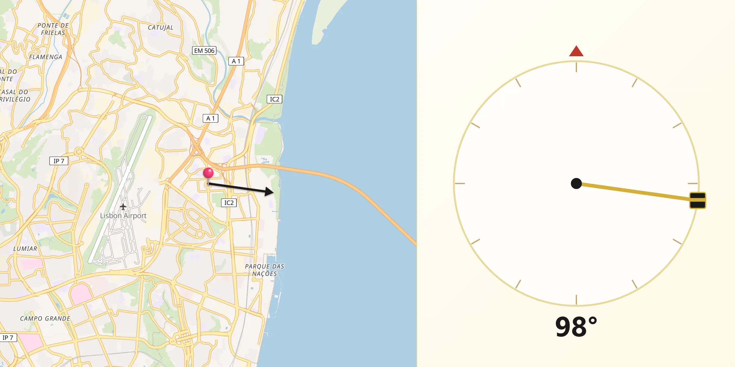 Direção da Qibla a partir de Portela