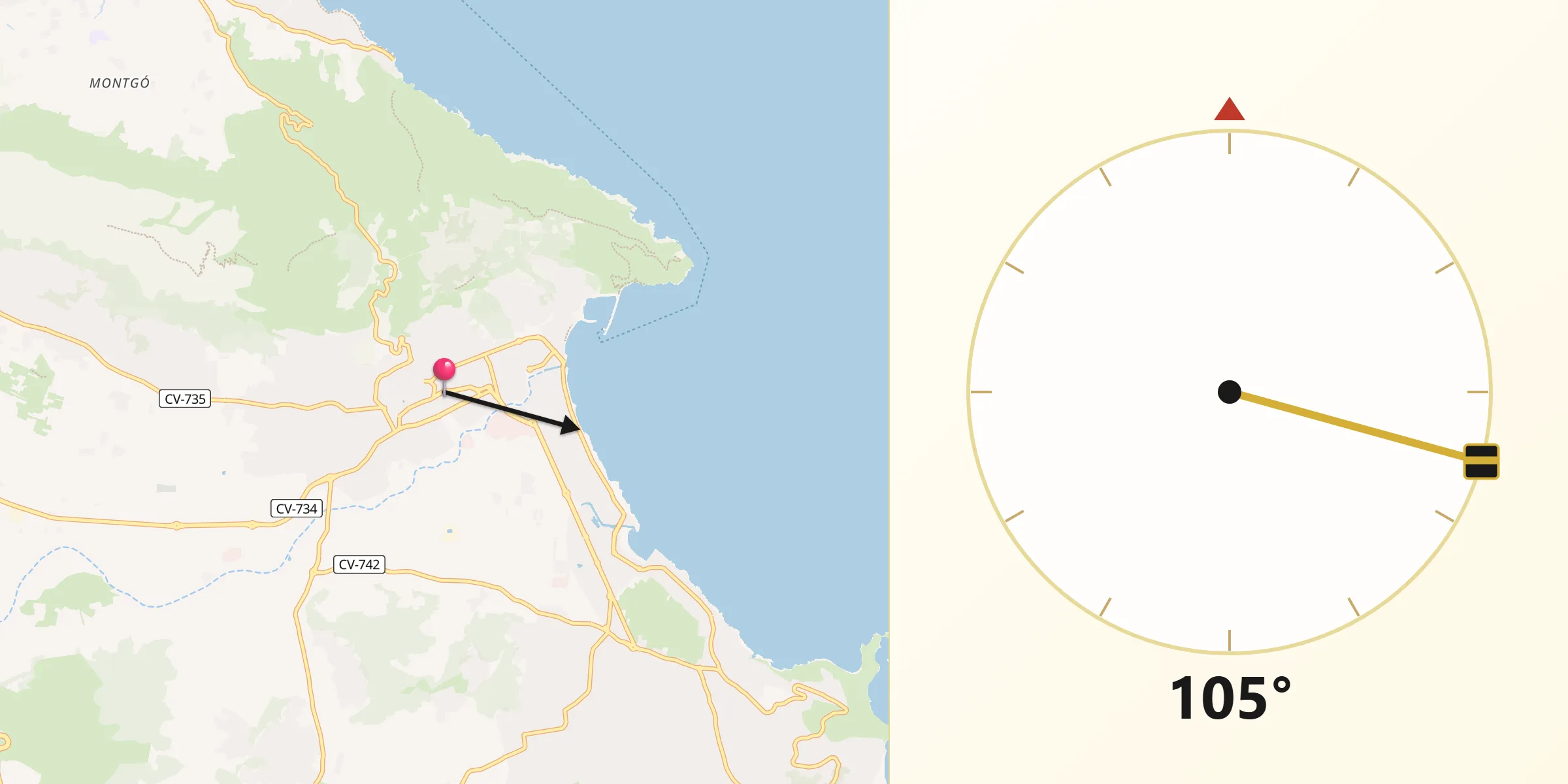 Dirección de la Qibla desde Jávea/Xàbia