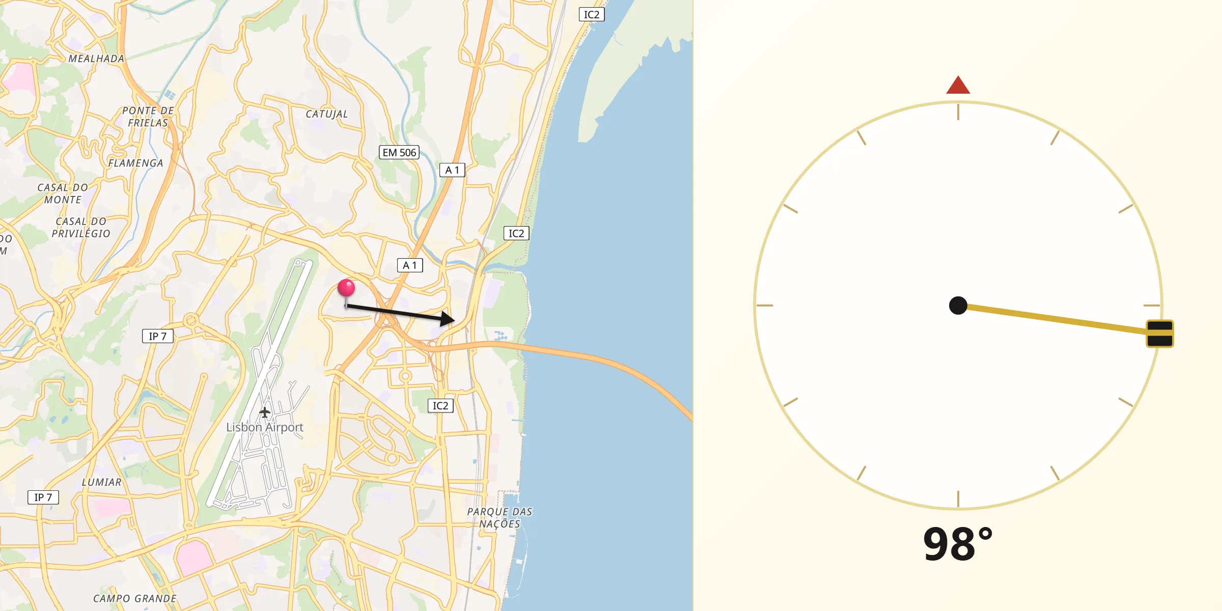 Direção da Qibla a partir de Prior Velho