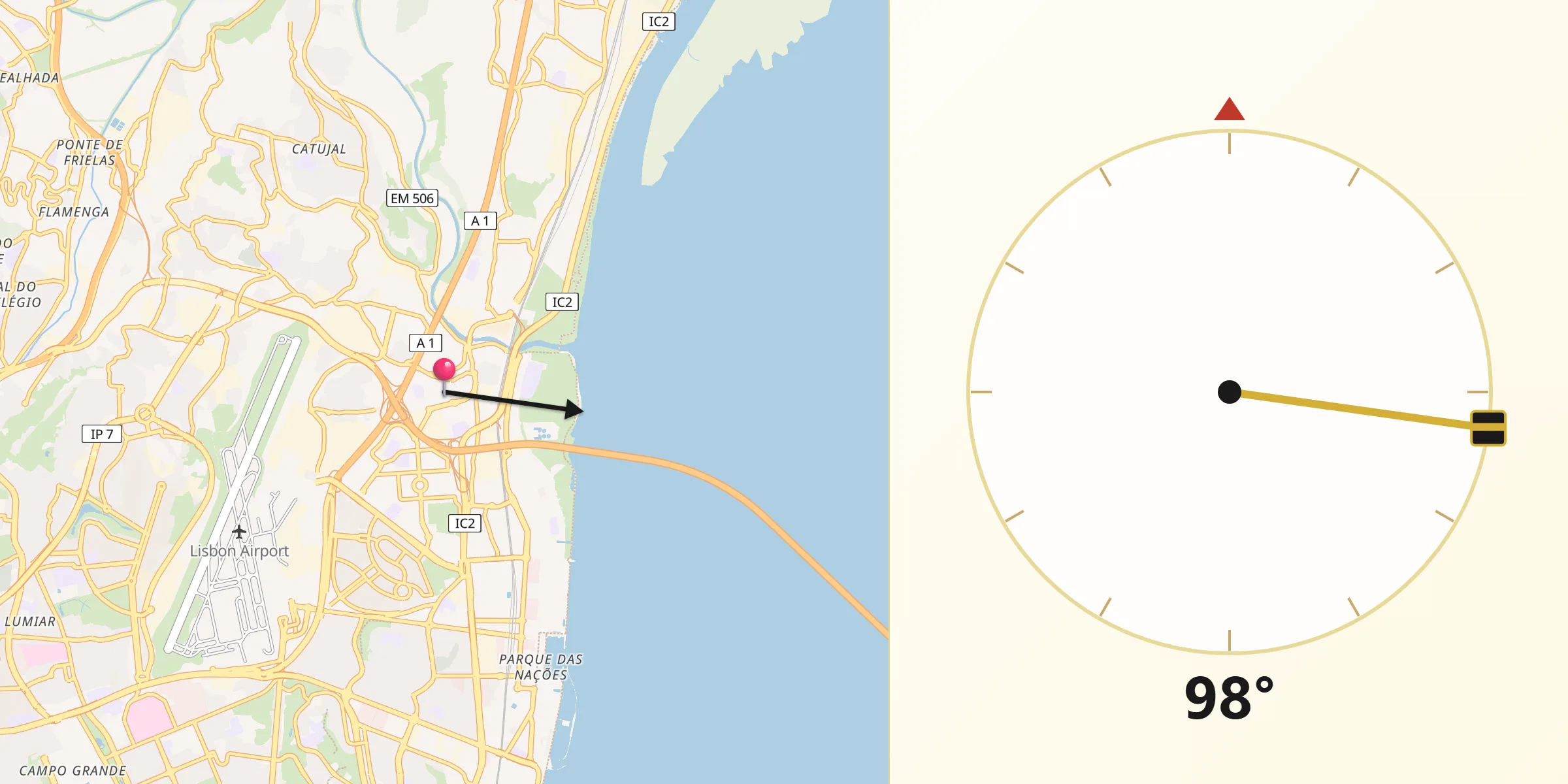 Direção da Qibla a partir de Sacavém