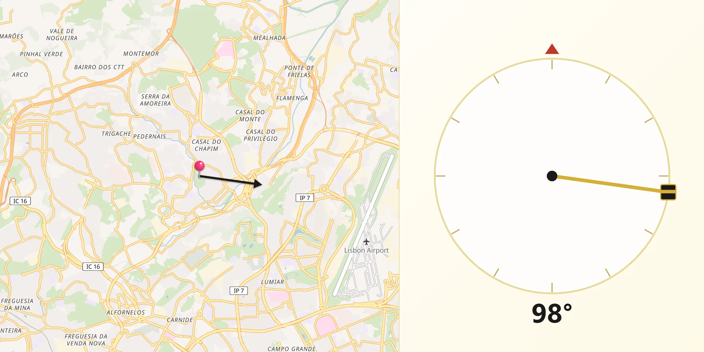 Direção da Qibla a partir de Odivelas