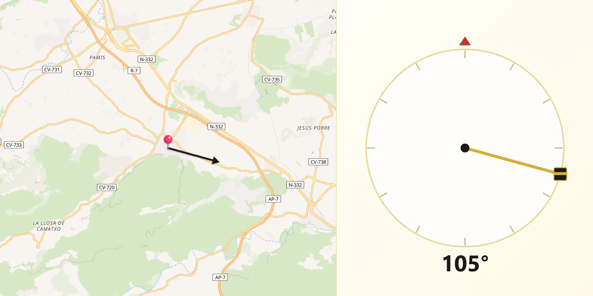 Dirección de la Qibla desde Pedreguer