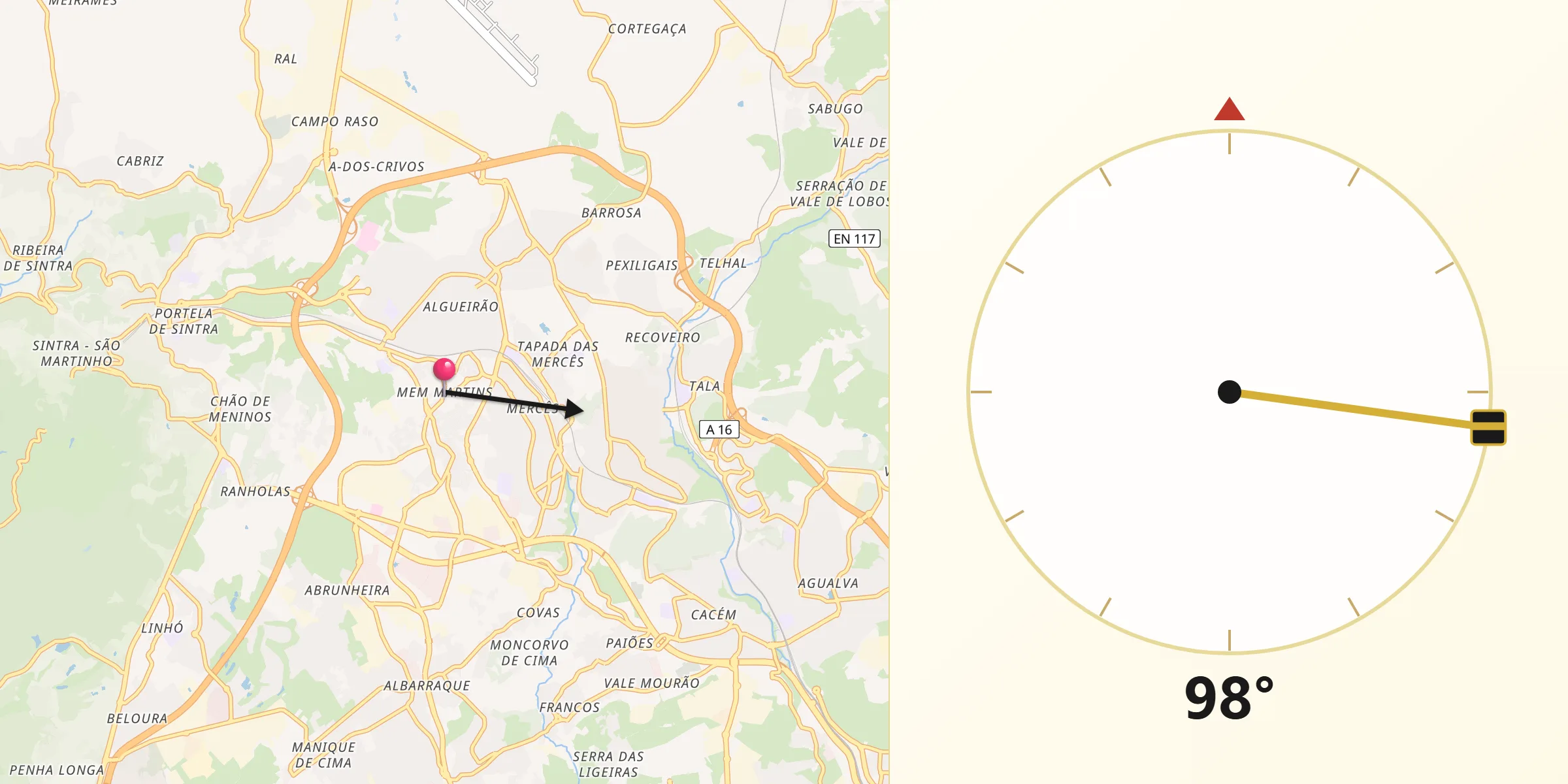 Direção da Qibla a partir de Mem Martins