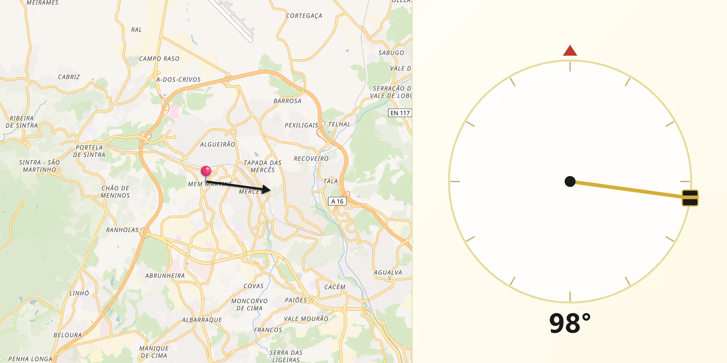 Direção da Qibla a partir de Algueirão–Mem Martins