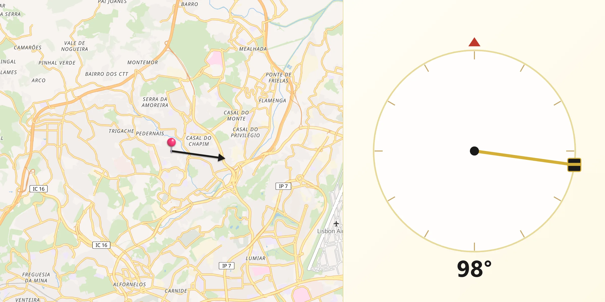Direção da Qibla a partir de Odivelas Municipality
