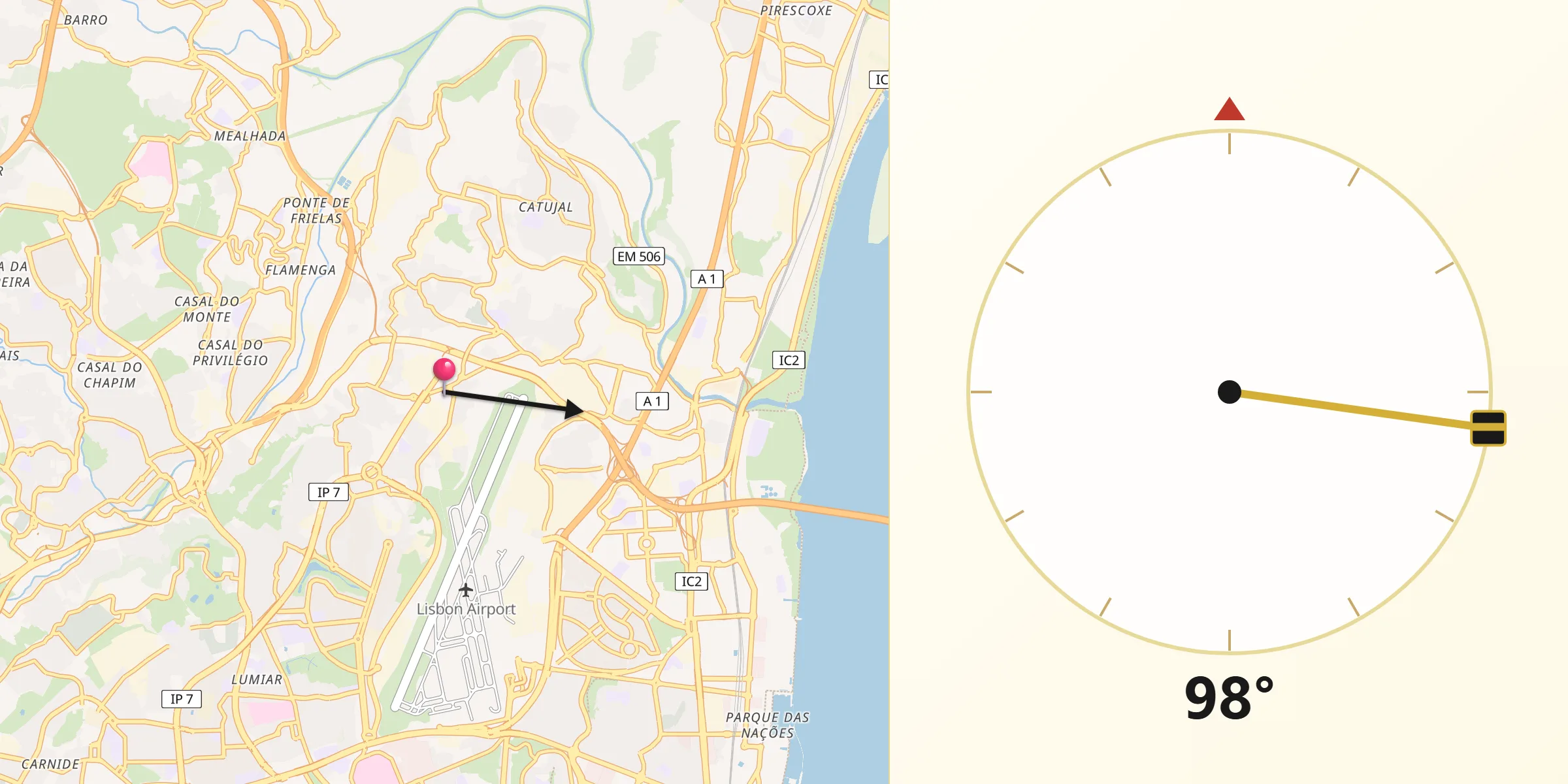 Direção da Qibla a partir de Camarate