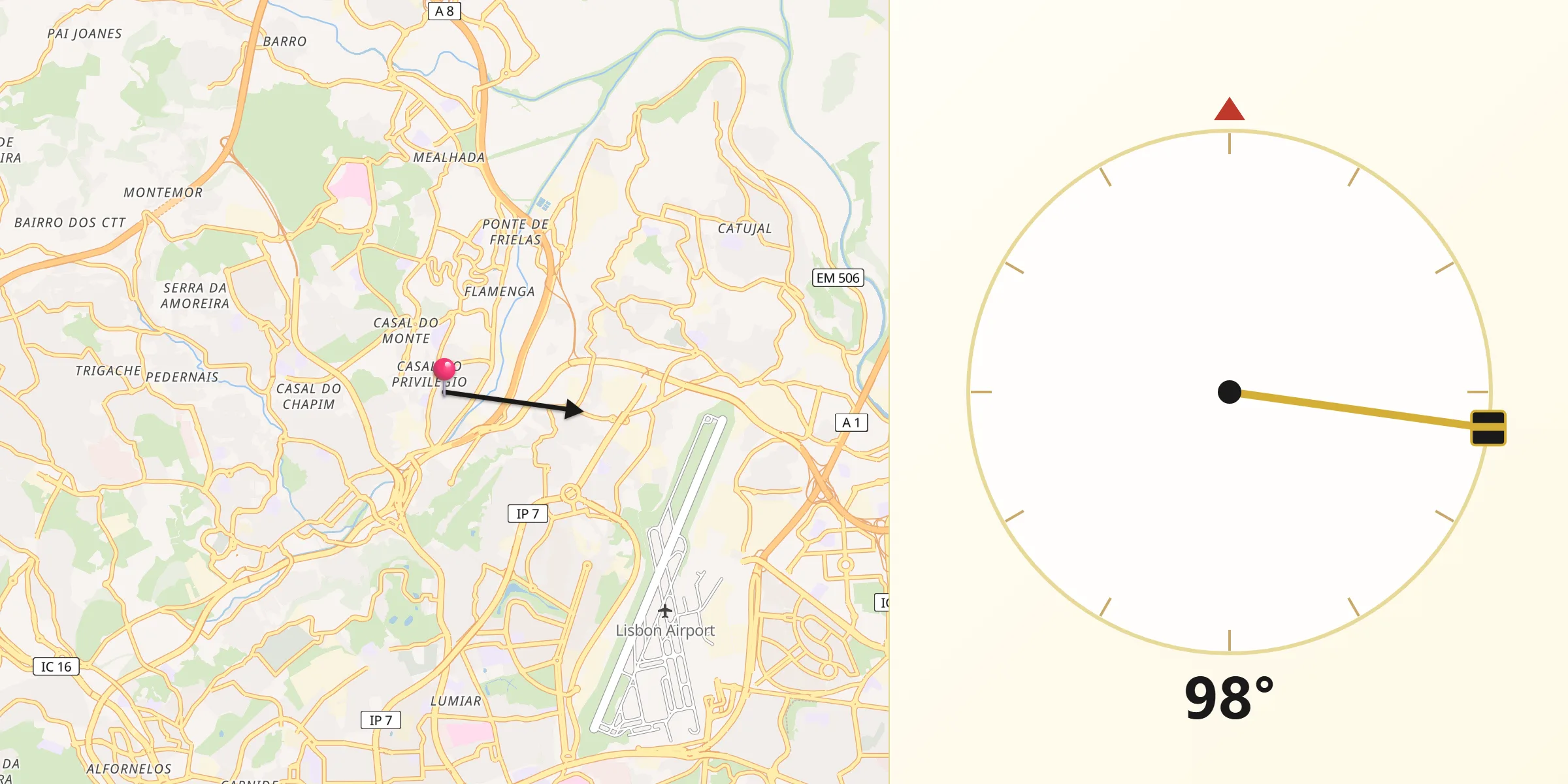 Direção da Qibla a partir de Póvoa de Santo Adrião