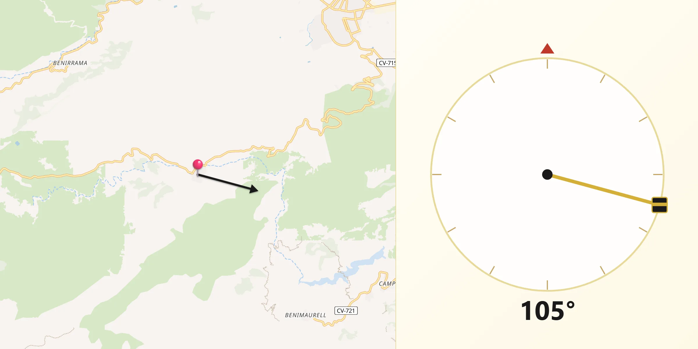 Dirección de la Qibla desde La Vall d'Ebo