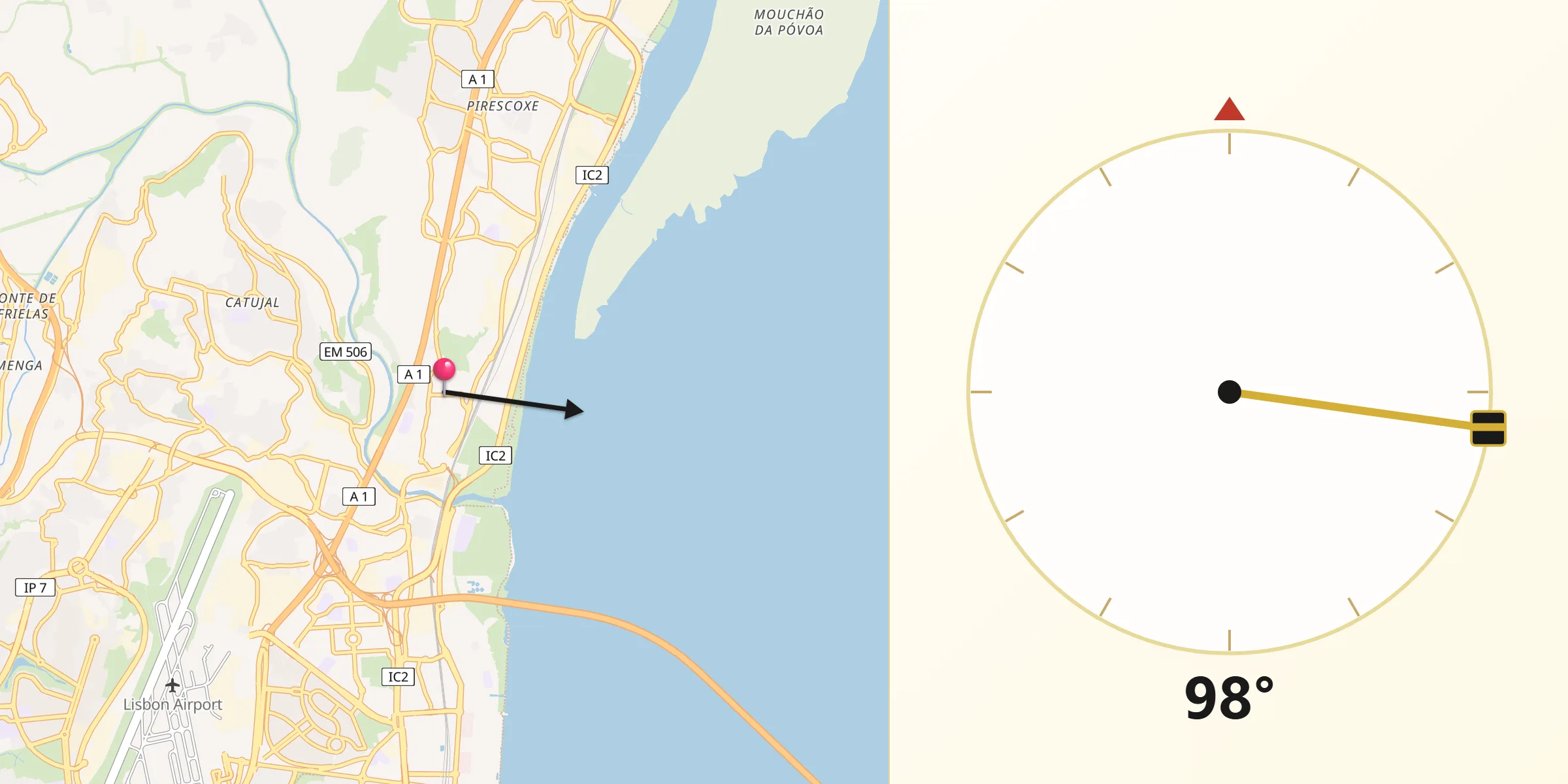 Direção da Qibla a partir de Bobadela