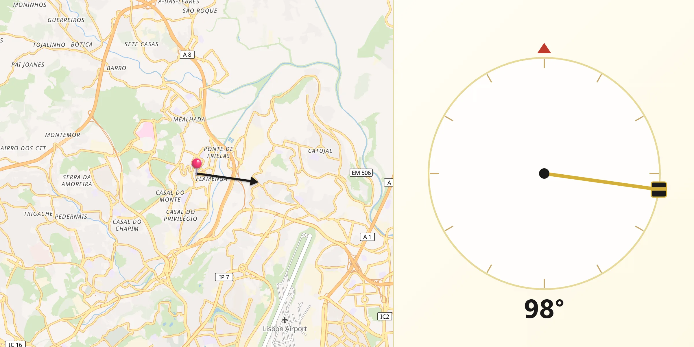 Direção da Qibla a partir de Santo António dos Cavaleiros