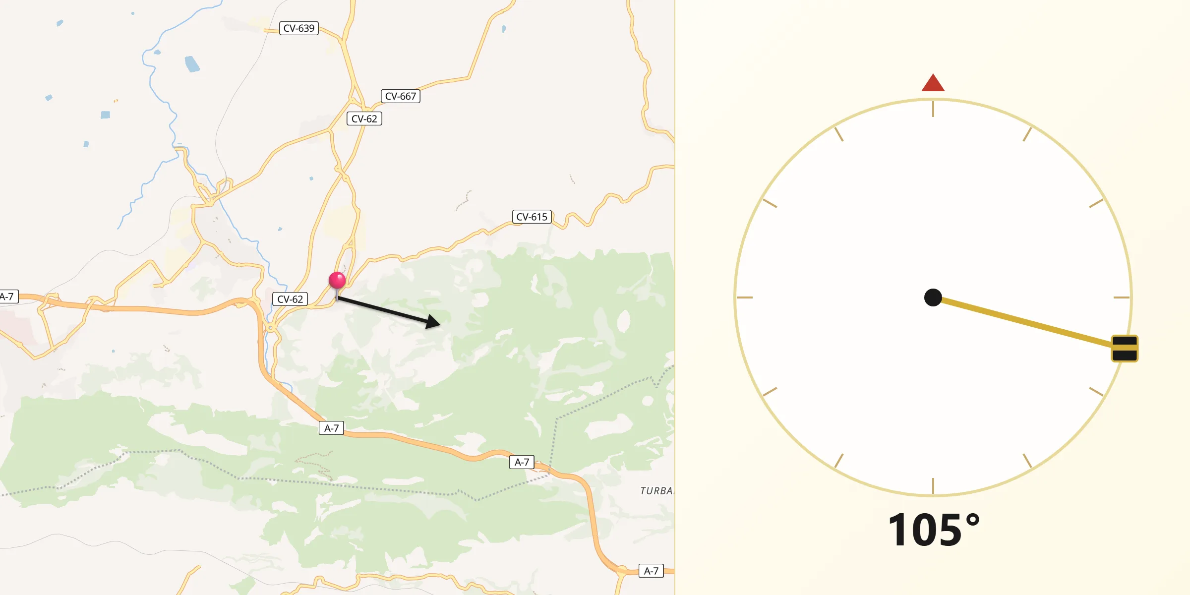 Dirección de la Qibla desde Atzeneta d'Albaida