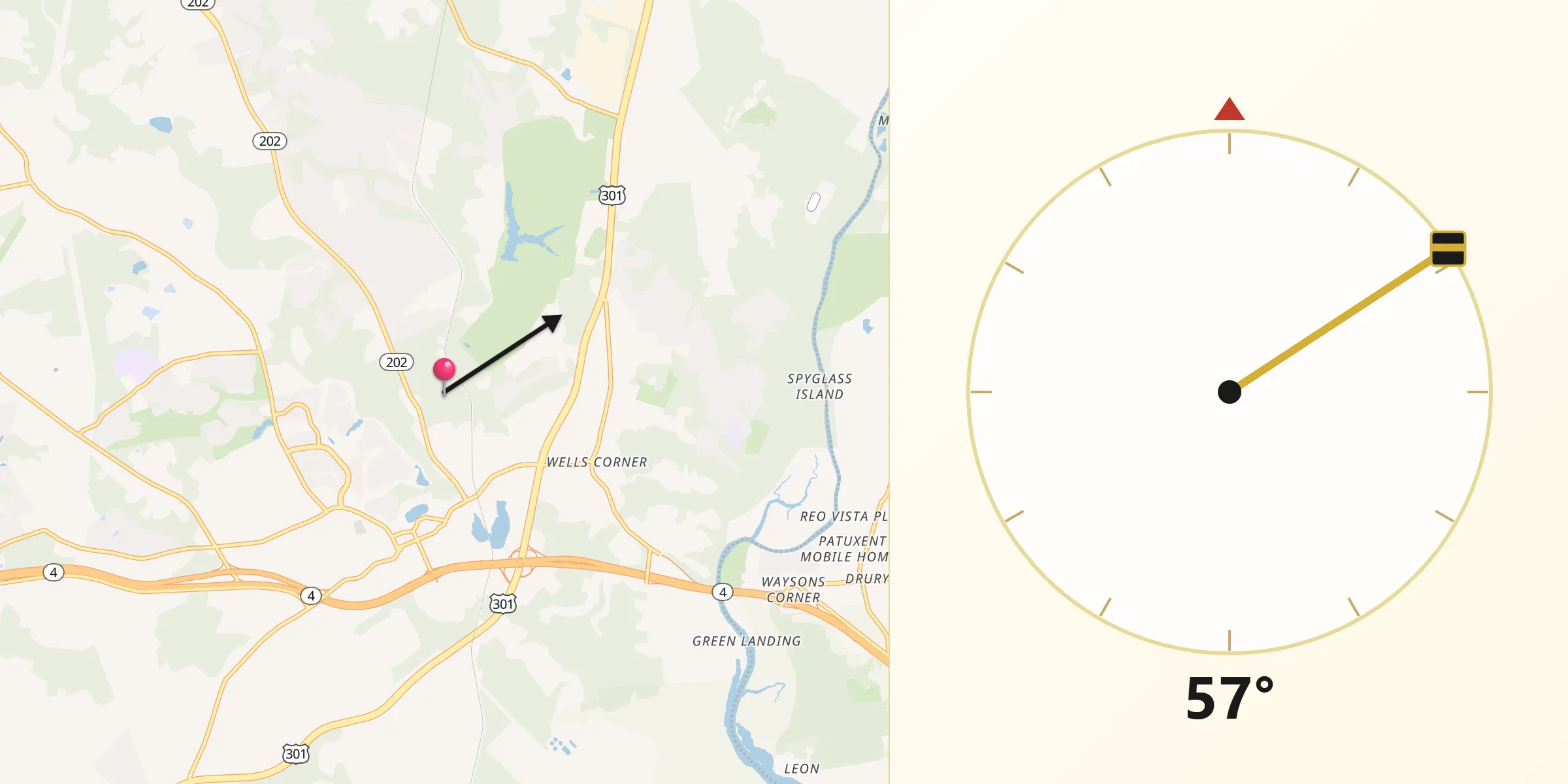 Qibla Direction from Greater Upper Marlboro