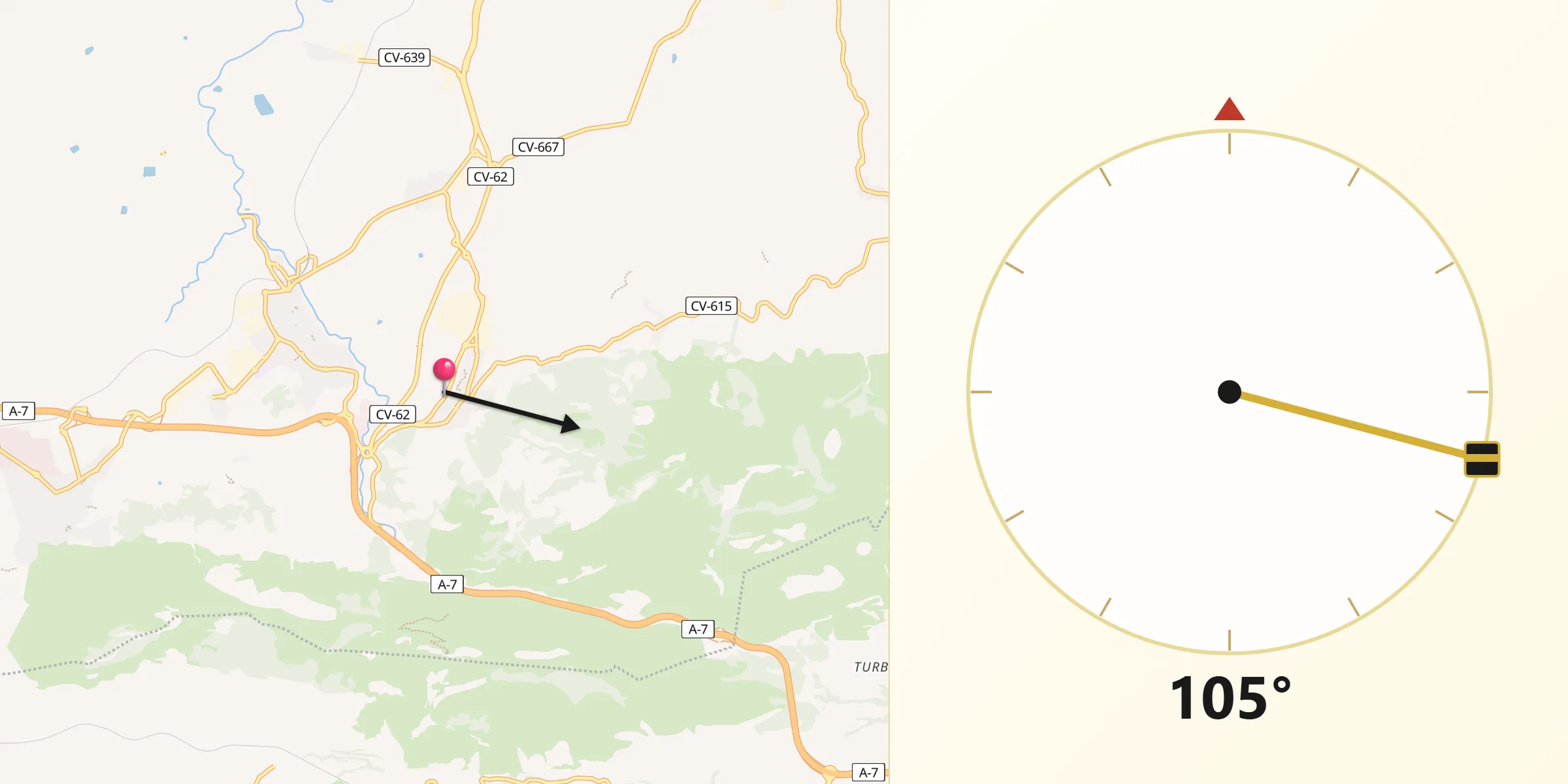 Dirección de la Qibla desde Atzeneta d'Albaida