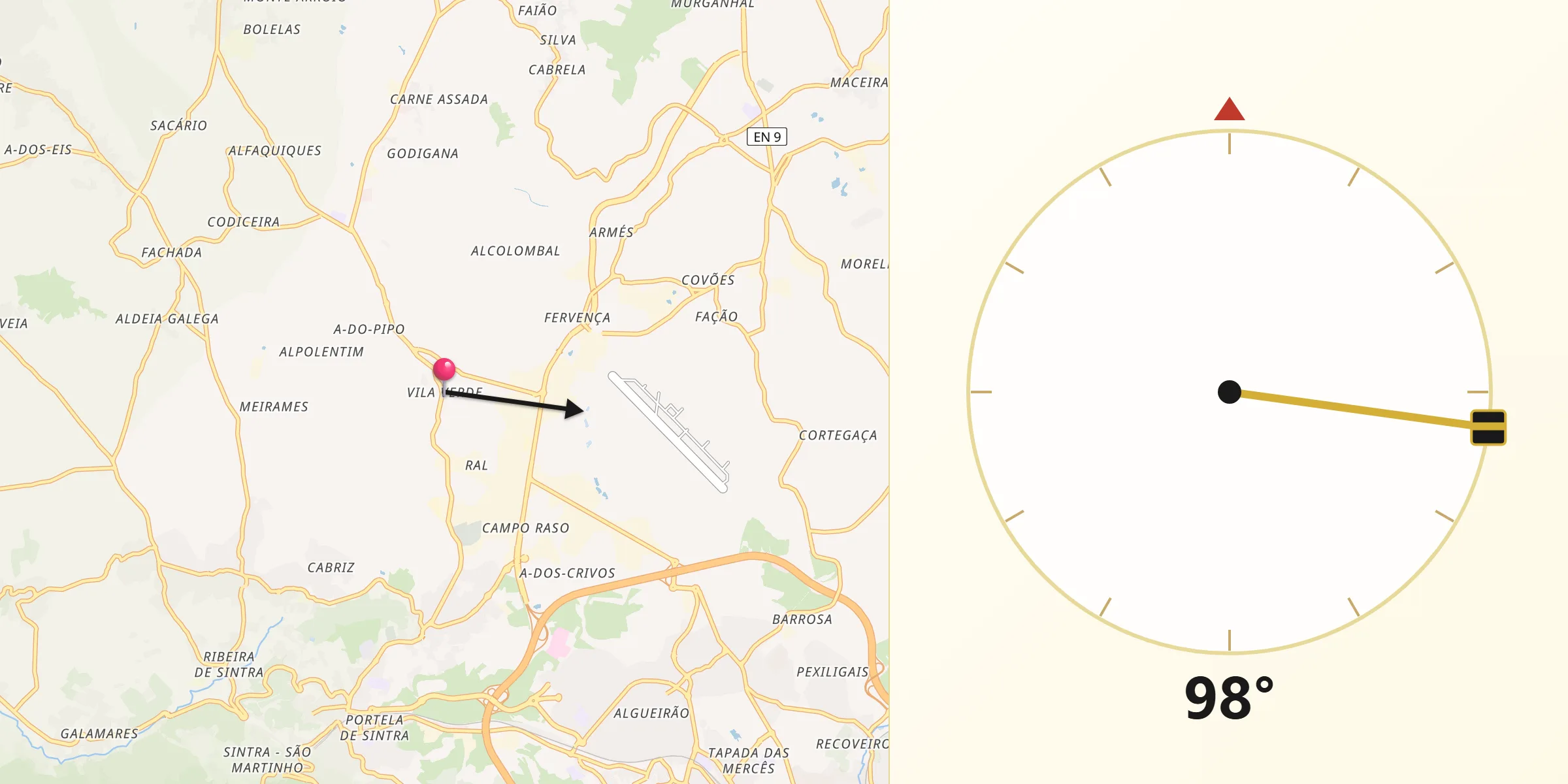 Direção da Qibla a partir de Vila Verde