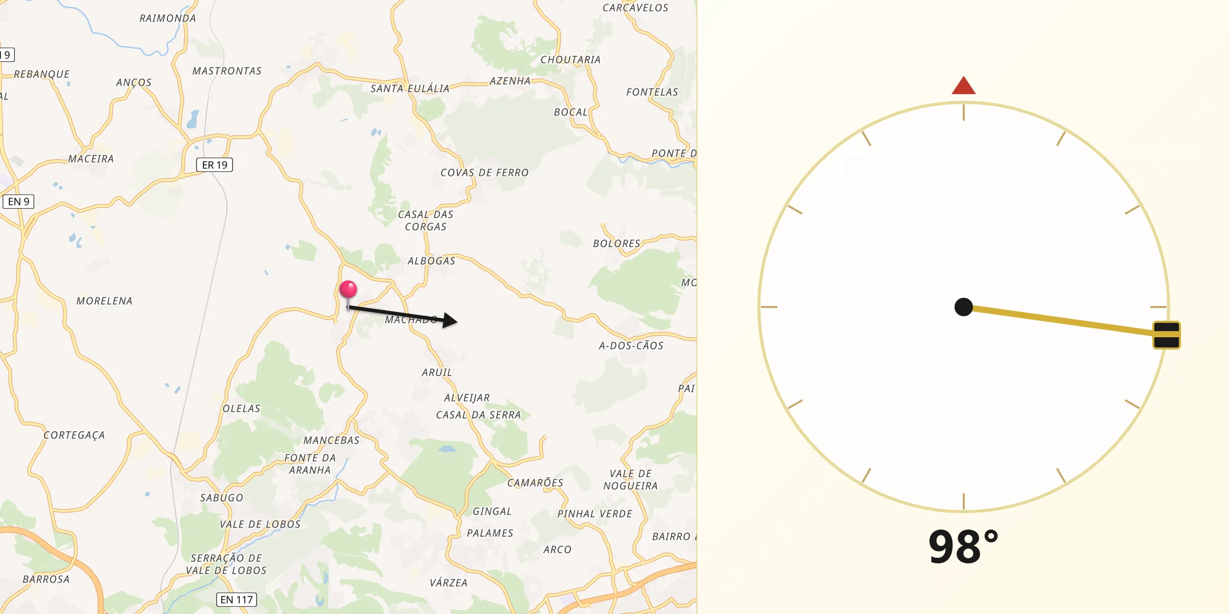 Direção da Qibla a partir de Almargem do Bispo