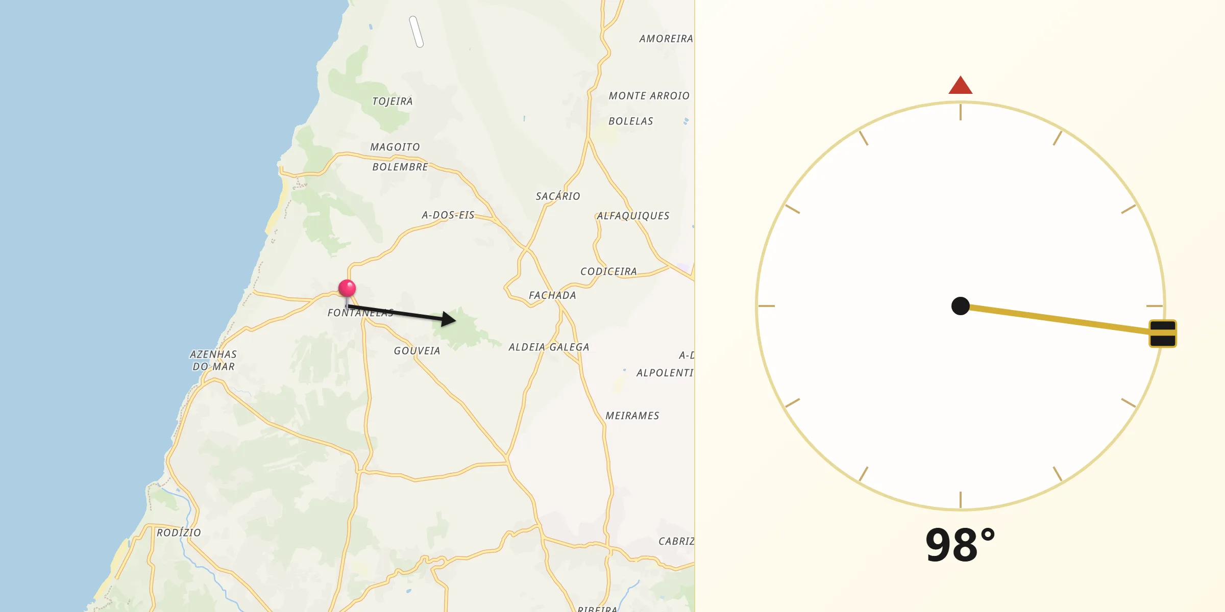 Direção da Qibla a partir de Fontanelas