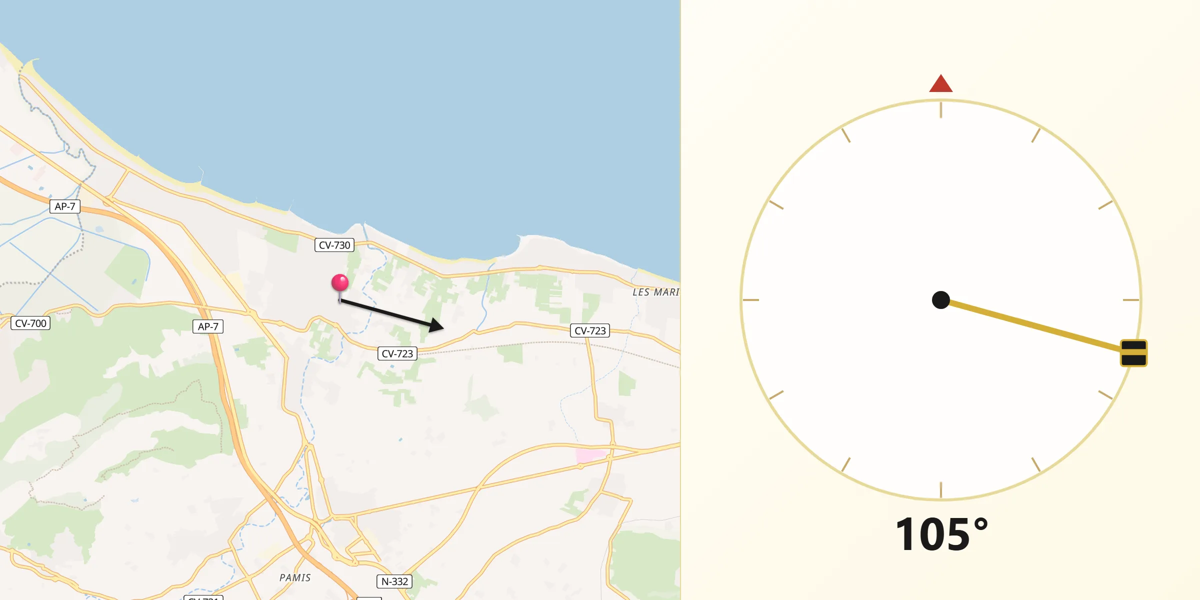 Dirección de la Qibla desde Poblets els