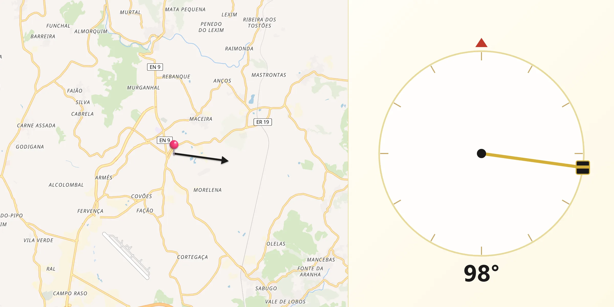 Direção da Qibla a partir de Pero Pinheiro