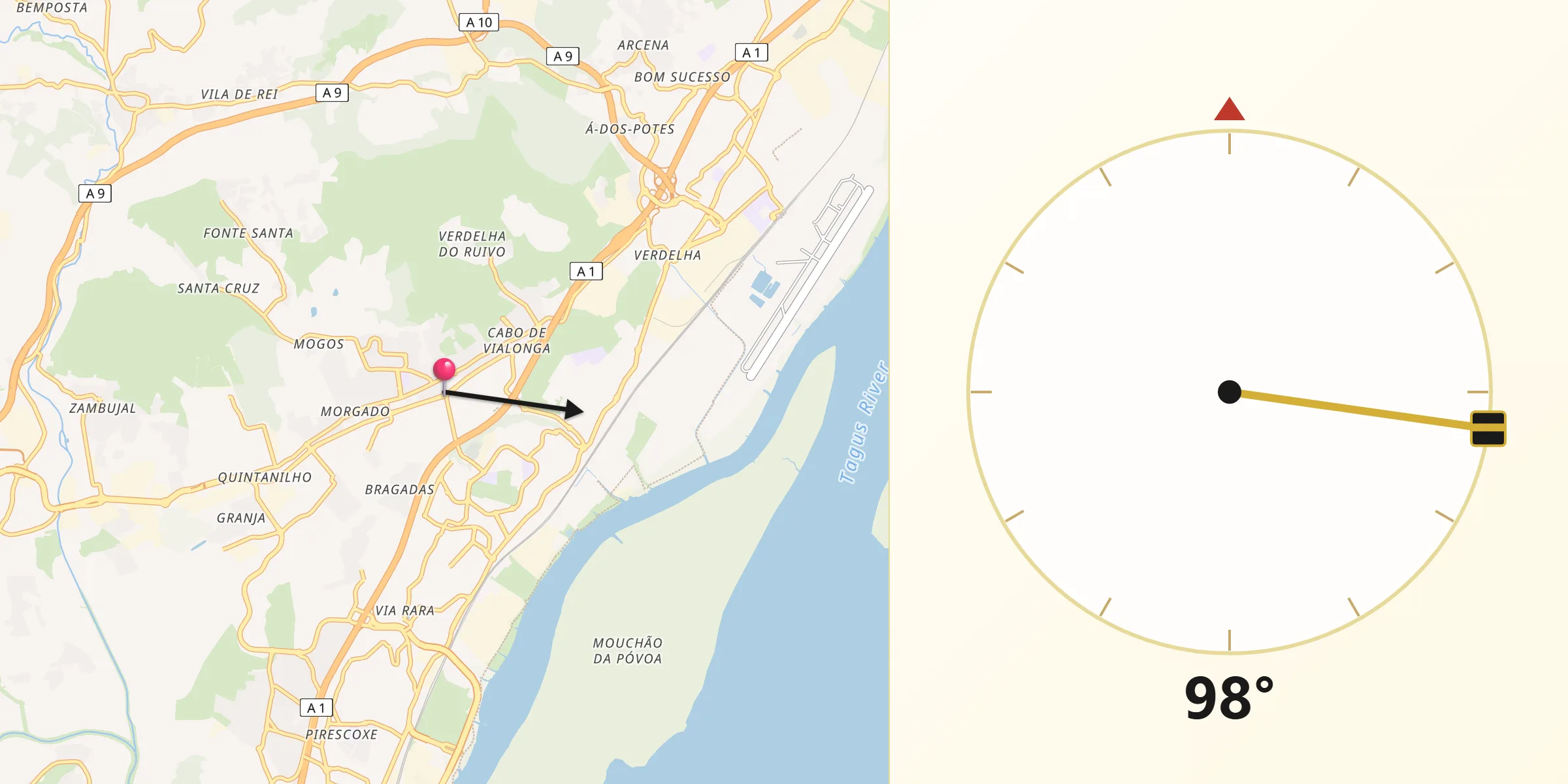 Direção da Qibla a partir de Vialonga