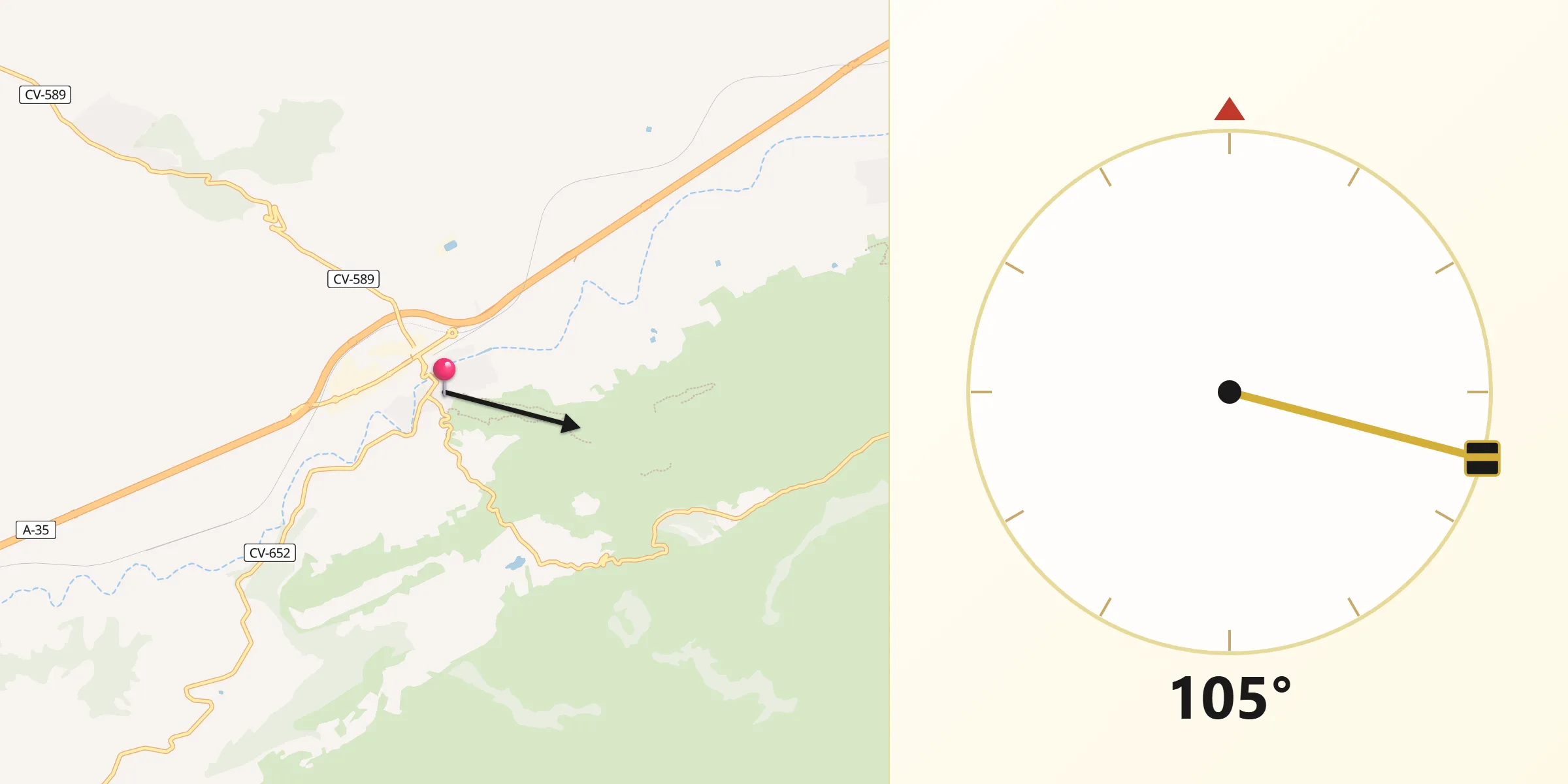 Dirección de la Qibla desde Mogente/Moixent