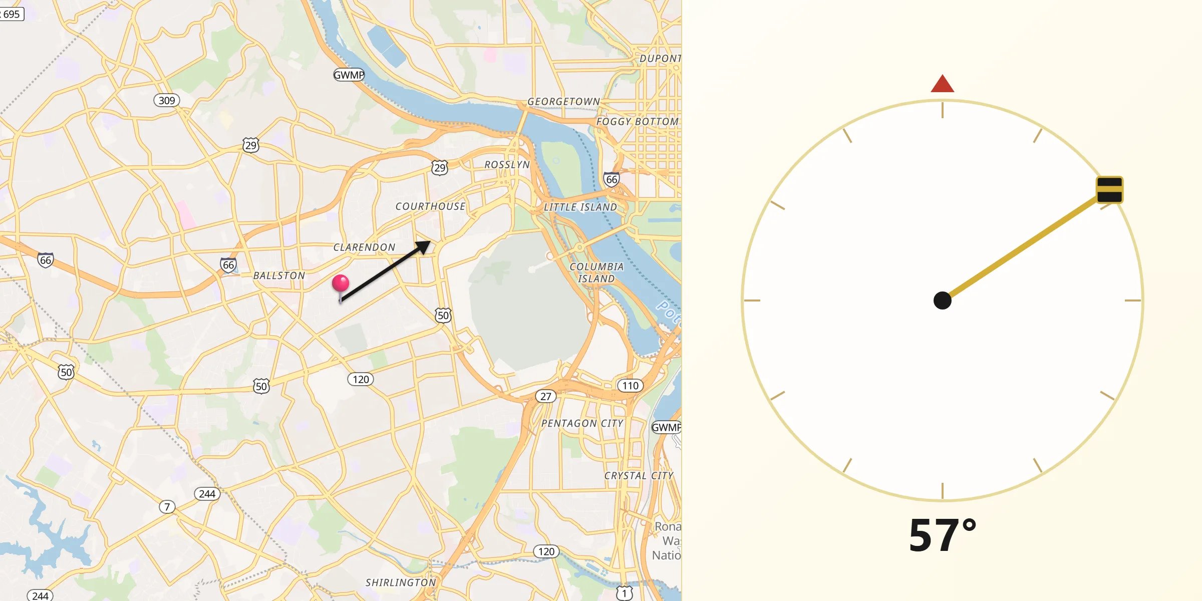 Qibla Direction from Arlington County