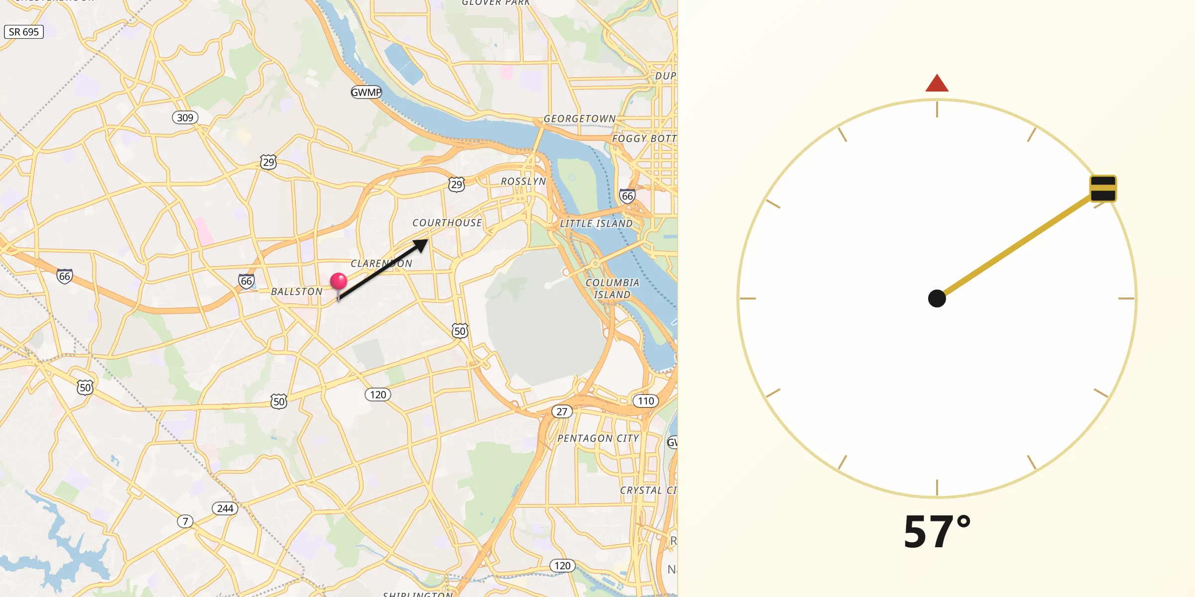 Dirección de la Qibla desde Arlington
