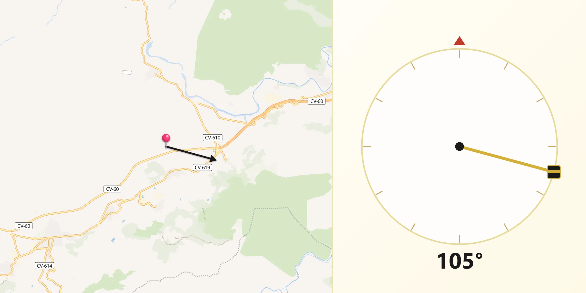 Dirección de la Qibla desde Montitxelvo/Montichelvo