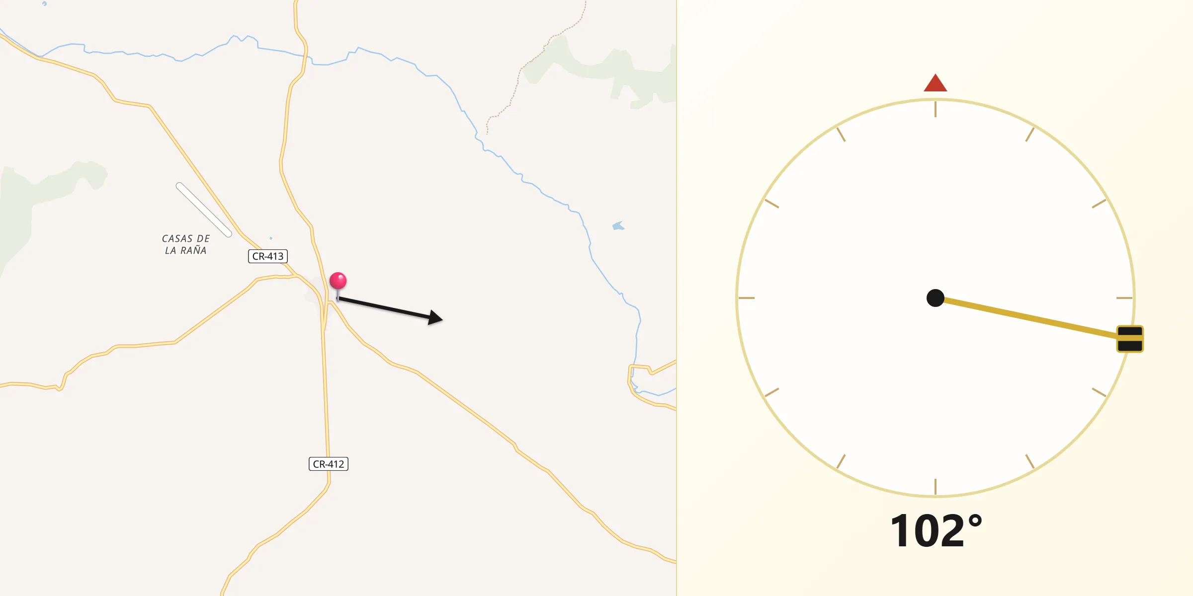 Dirección de la Qibla desde Pozuelos de Calatrava Los