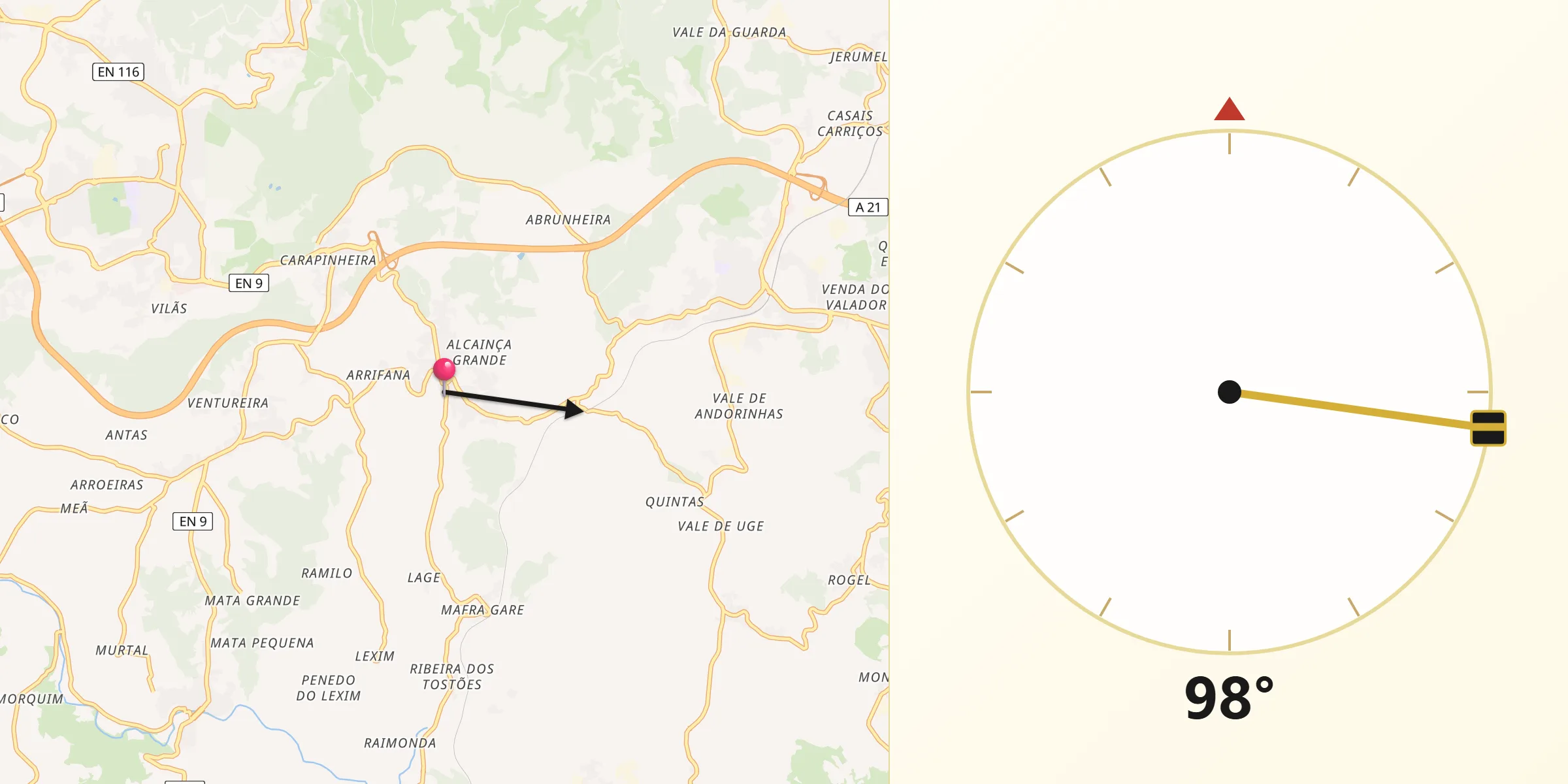 Direção da Qibla a partir de São Miguel de Alcainça